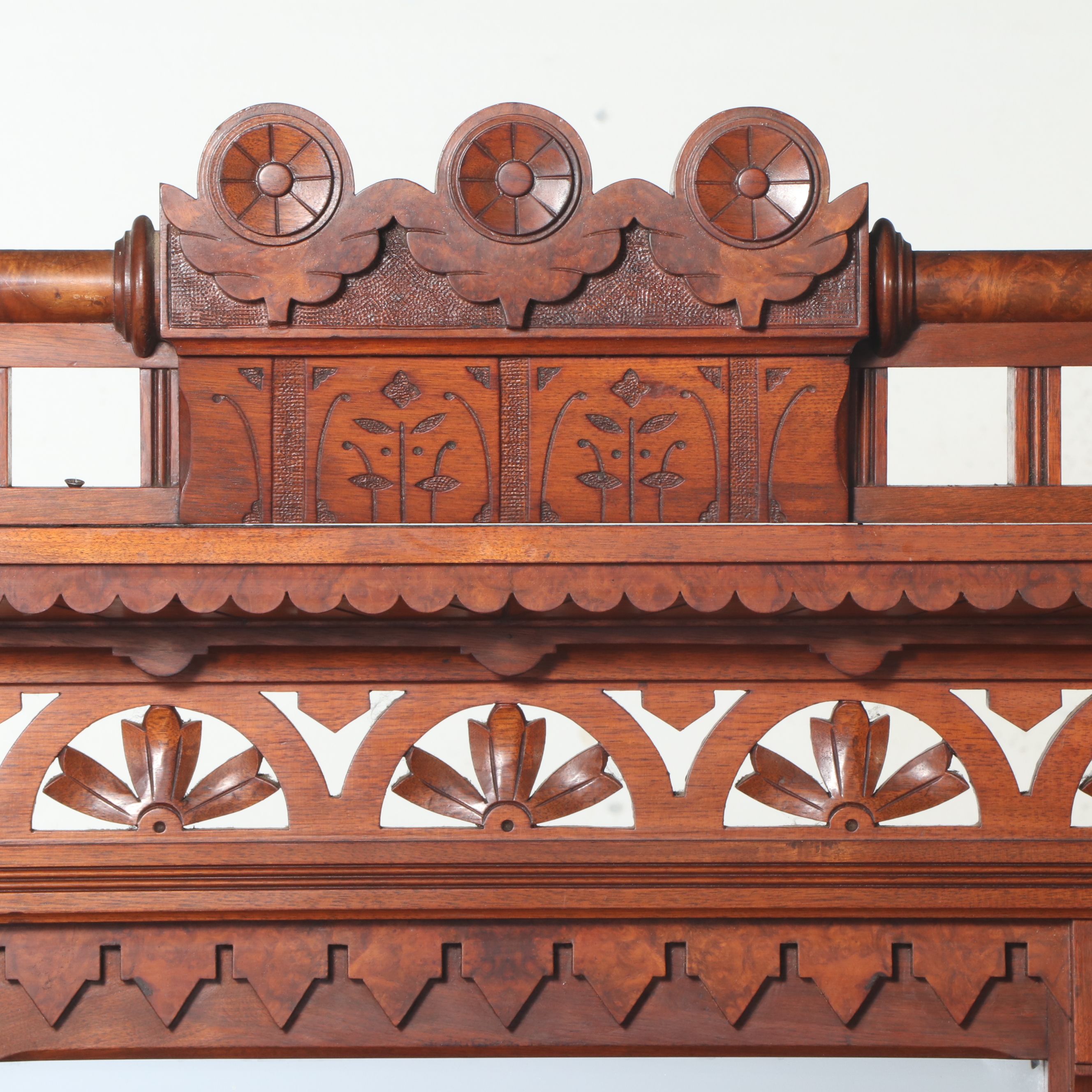 Victorian Eastlake Style Carved Walnut and Burl Hall Tree