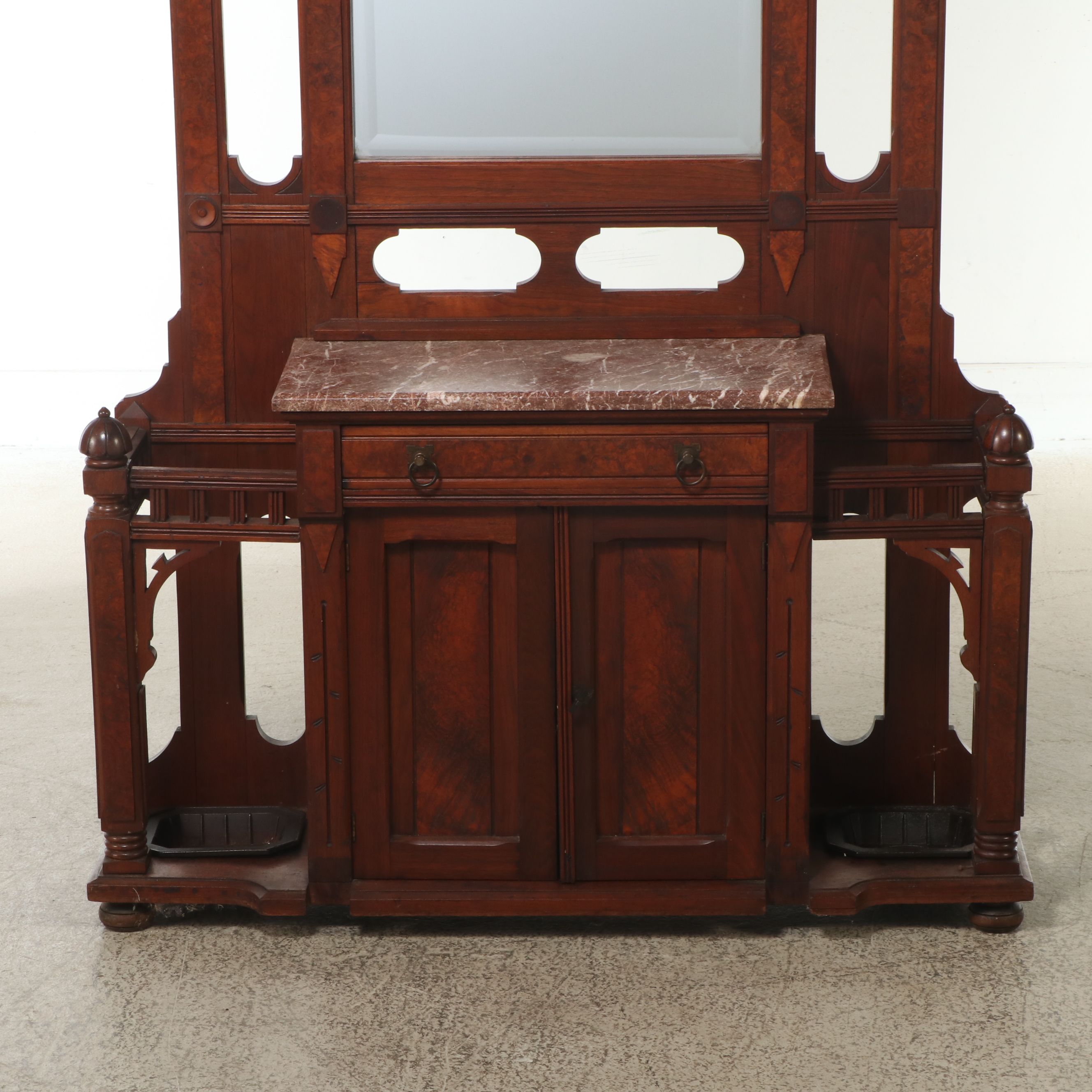 Victorian Eastlake Style Carved Walnut and Burl Hall Tree