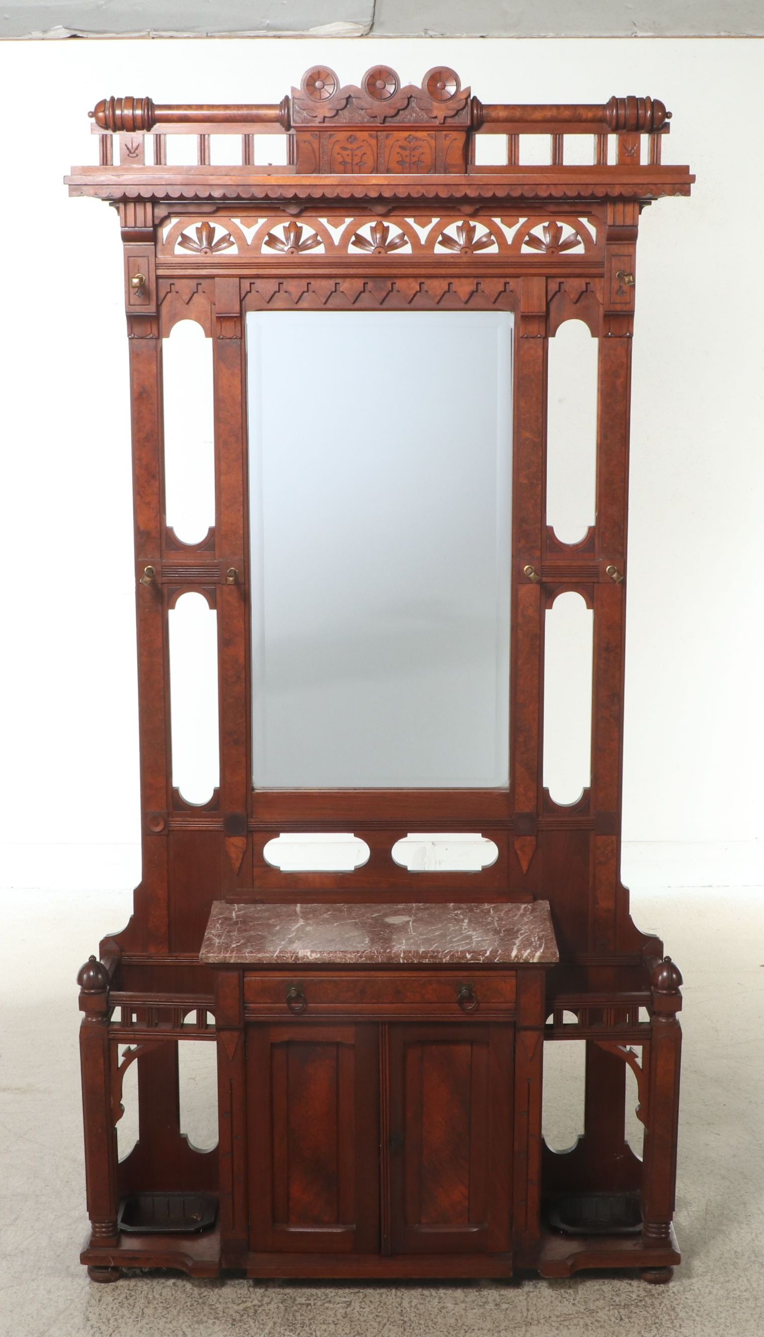 Victorian Eastlake Style Carved Walnut and Burl Hall Tree