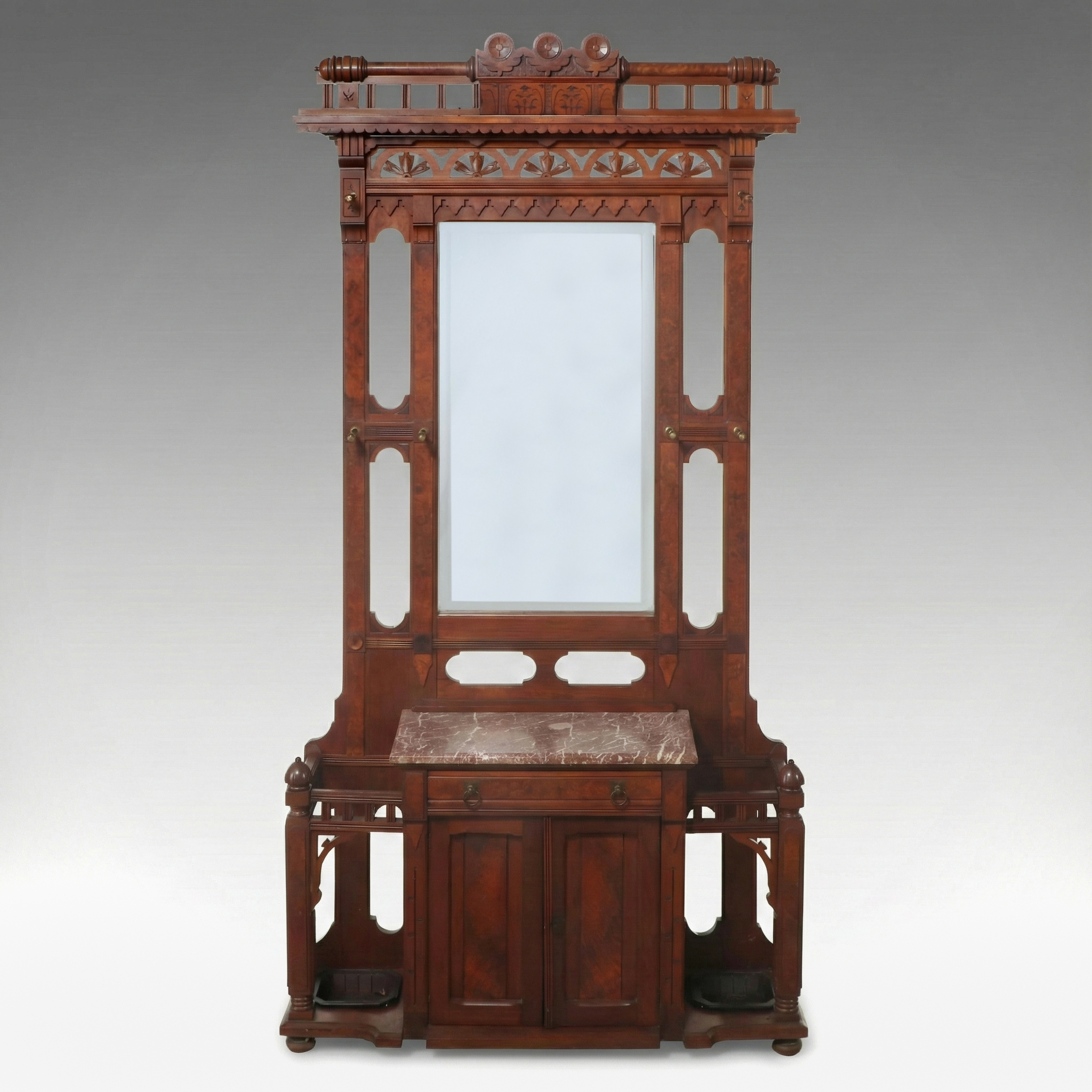 Victorian Eastlake Style Carved Walnut and Burl Hall Tree