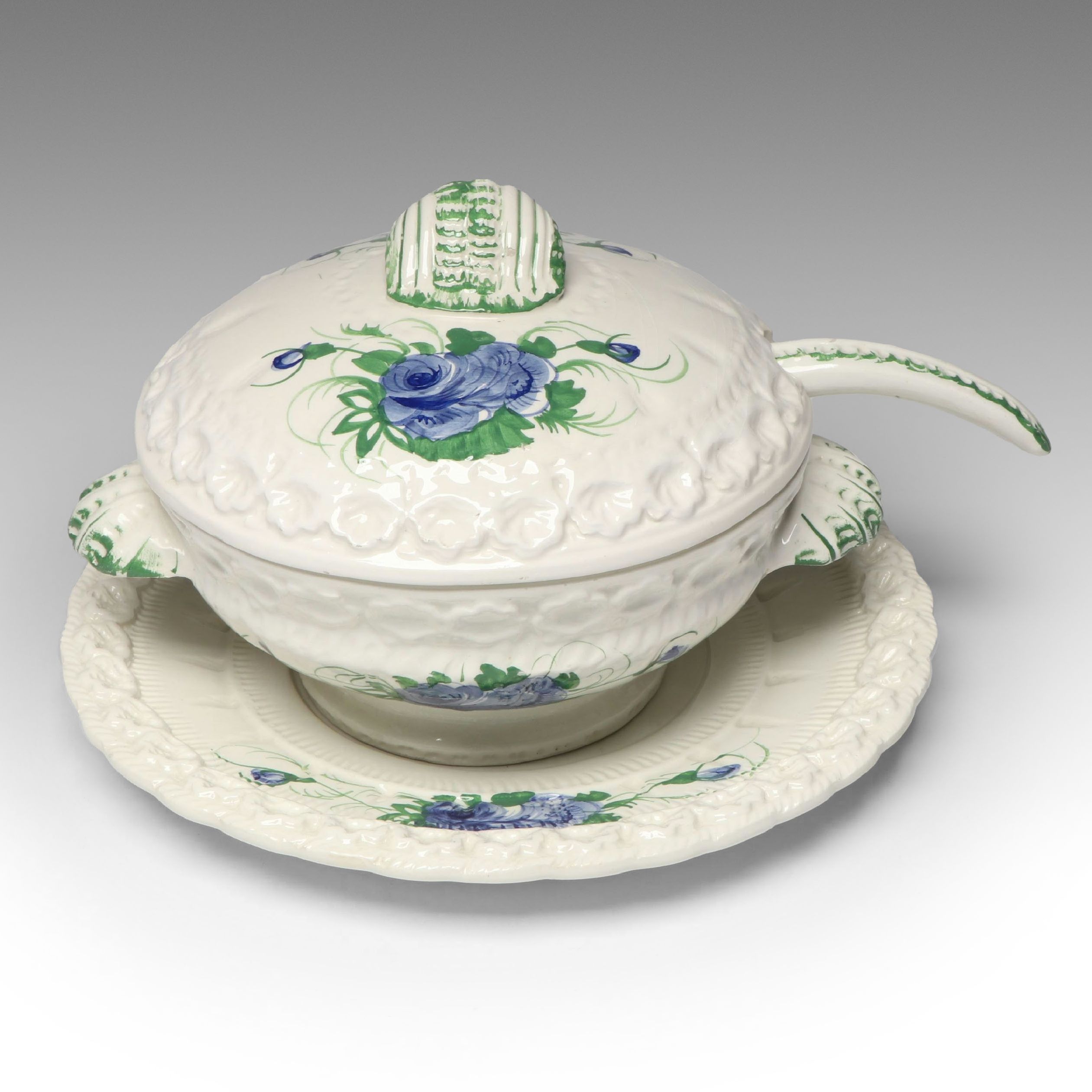 Italian Blue Rose Ceramic Tureen and Underplate with Ladle