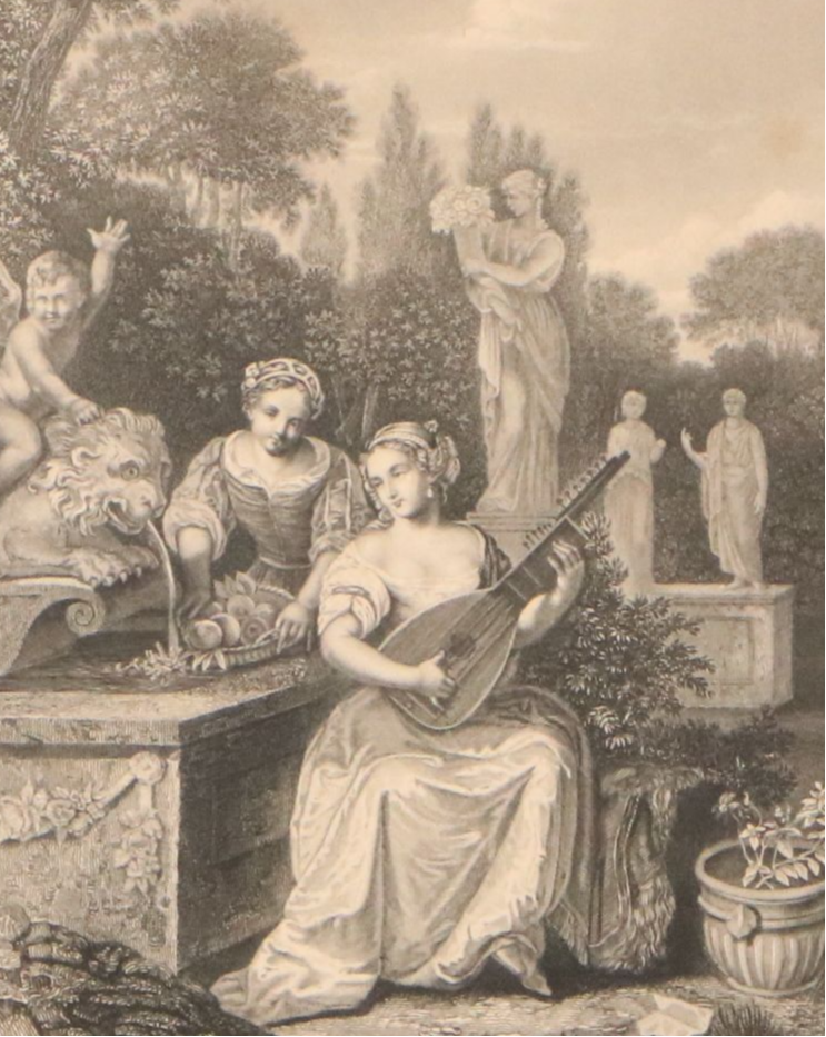 Engraving After Caspar Netscher "Gartenscene," 19th Century