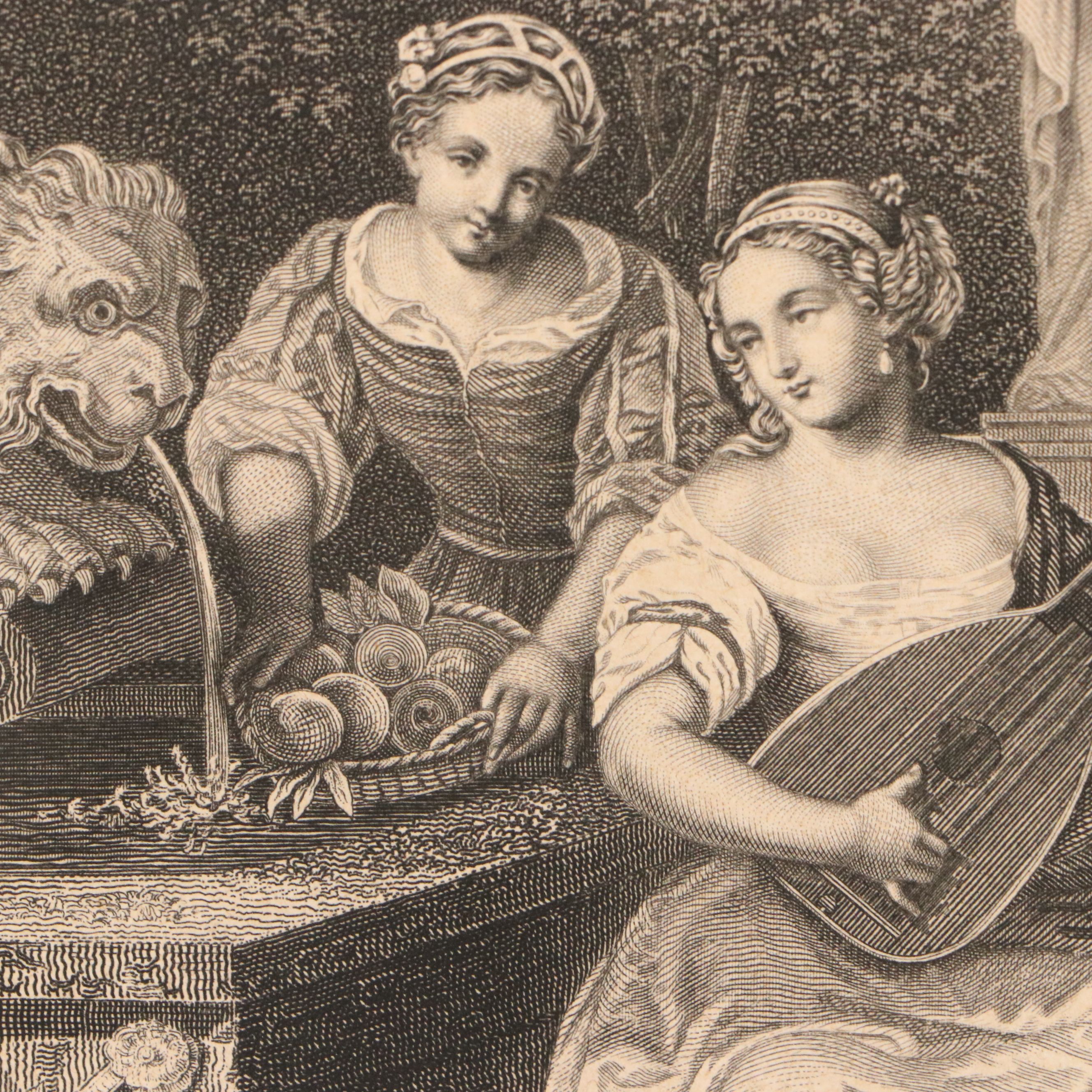 Engraving After Caspar Netscher "Gartenscene," 19th Century