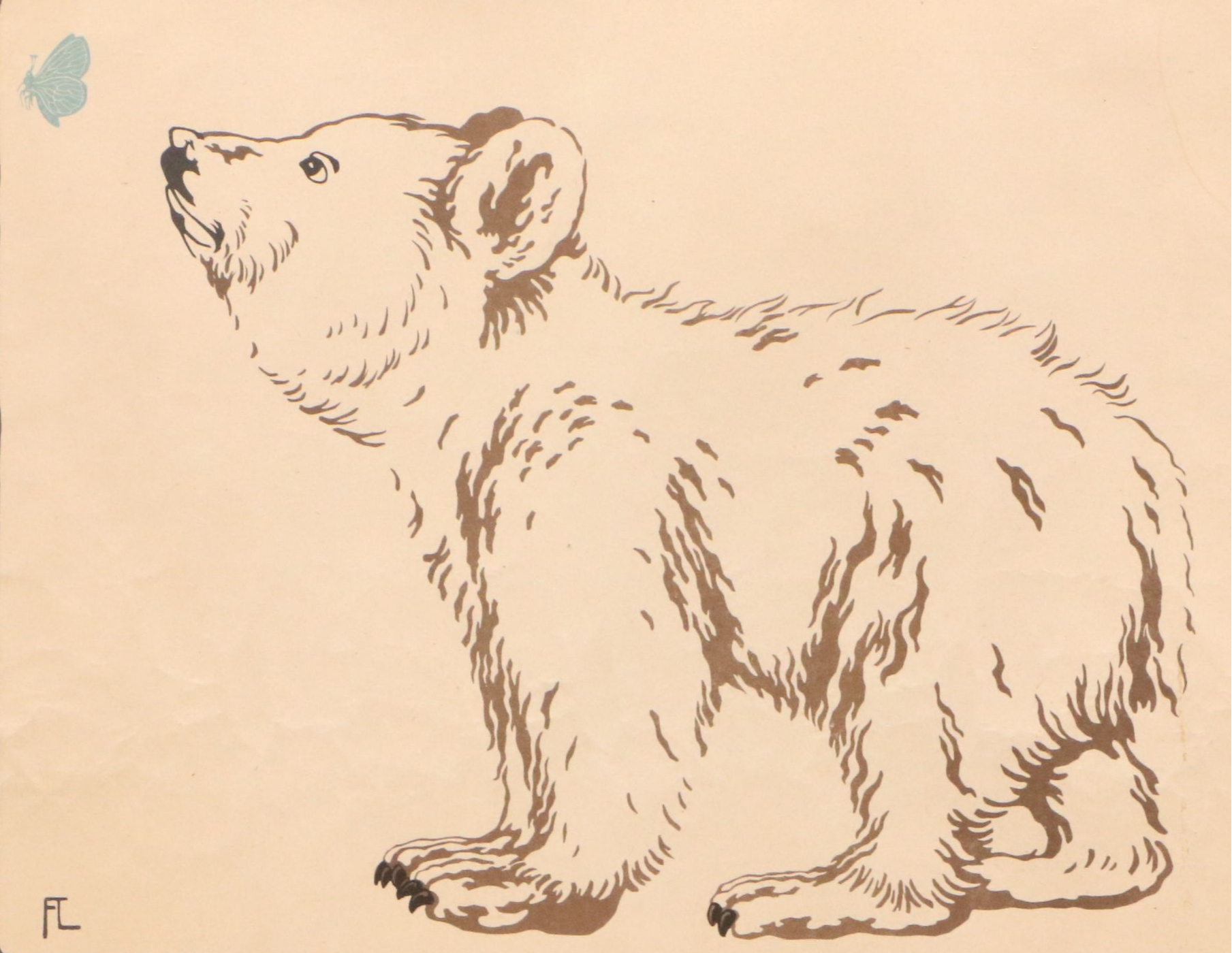 Fritz Lang Woodcut "Little Bear with Butterfly," Early 20th Century