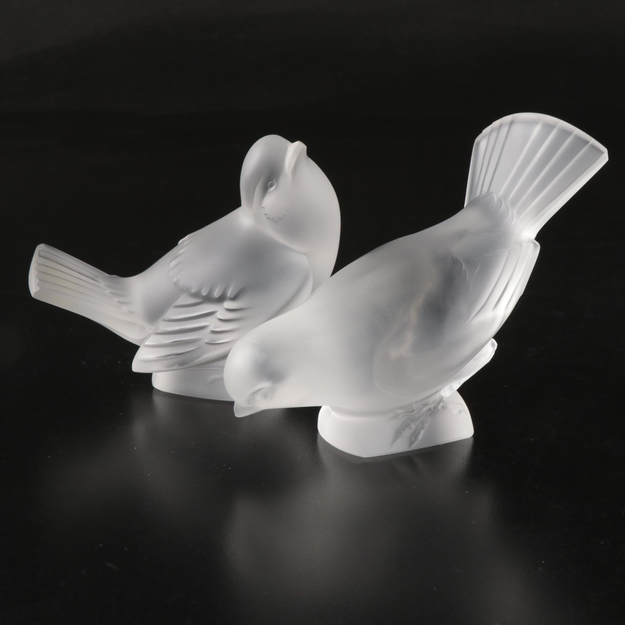 Lalique "Moineau Moqueur" and "Moineau Timide" Crystal Sparrow Figurines