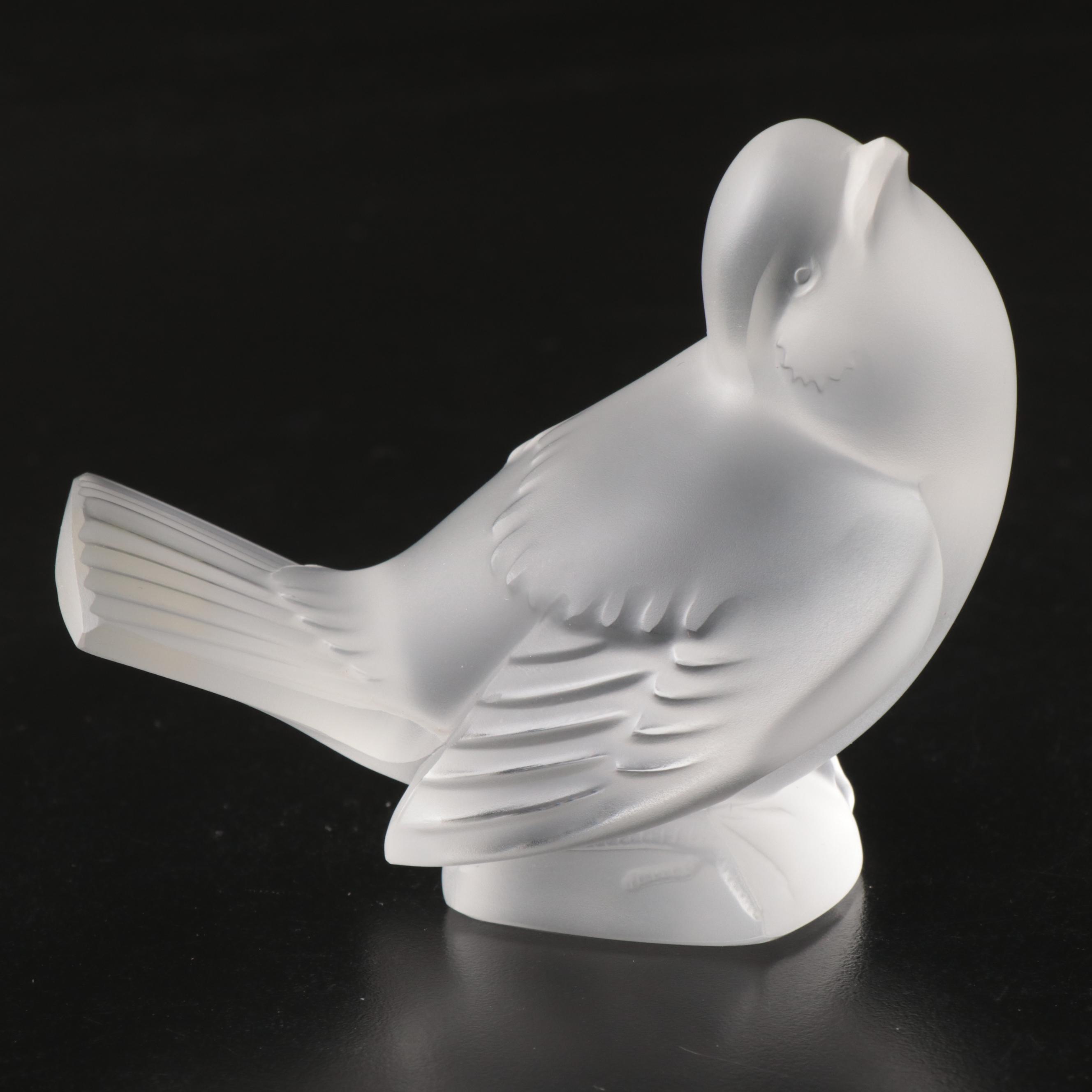 Lalique "Moineau Moqueur" and "Moineau Timide" Crystal Sparrow Figurines