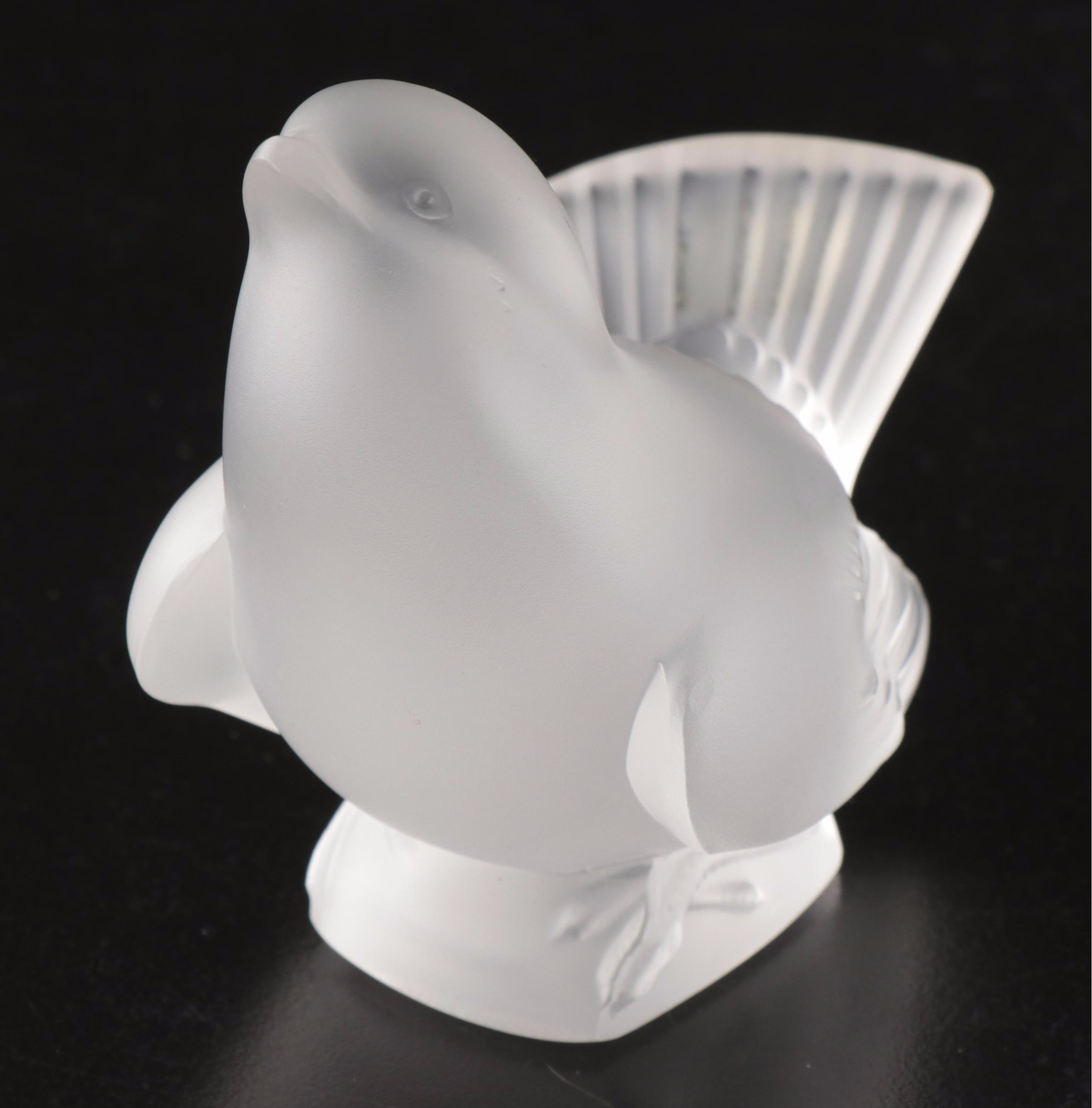 Lalique "Moineau Moqueur" and "Moineau Timide" Crystal Sparrow Figurines