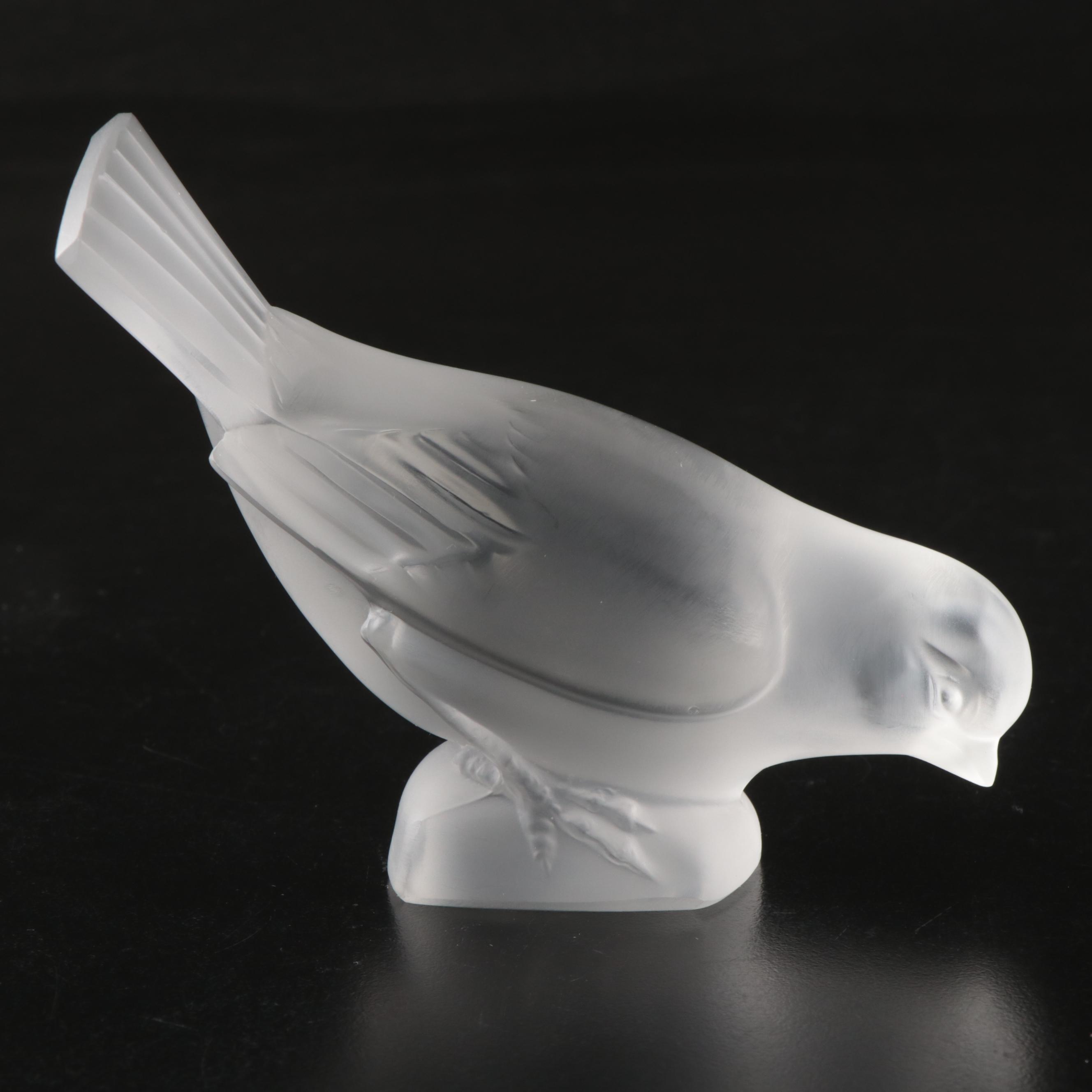 Lalique "Moineau Moqueur" and "Moineau Timide" Crystal Sparrow Figurines