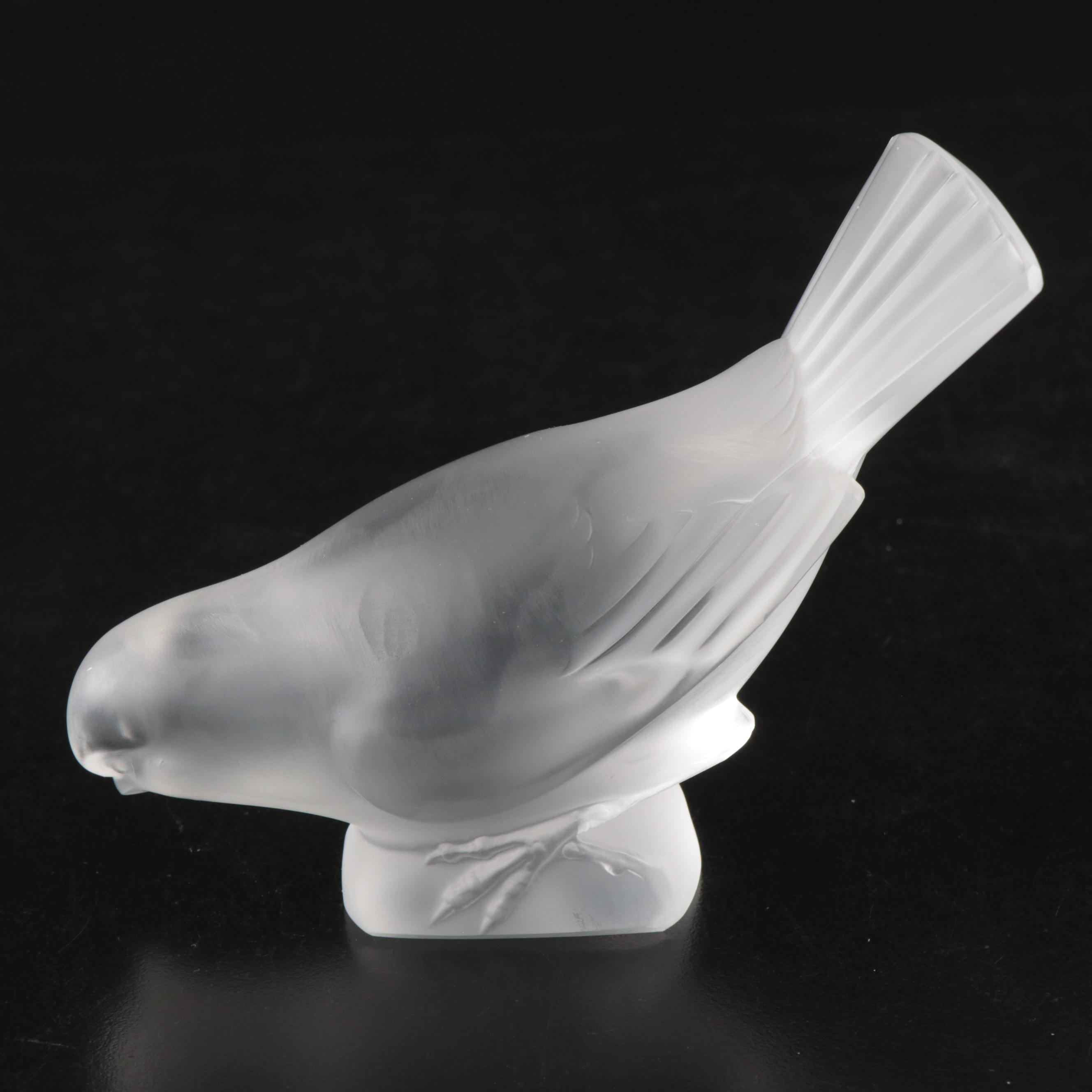 Lalique "Moineau Moqueur" and "Moineau Timide" Crystal Sparrow Figurines