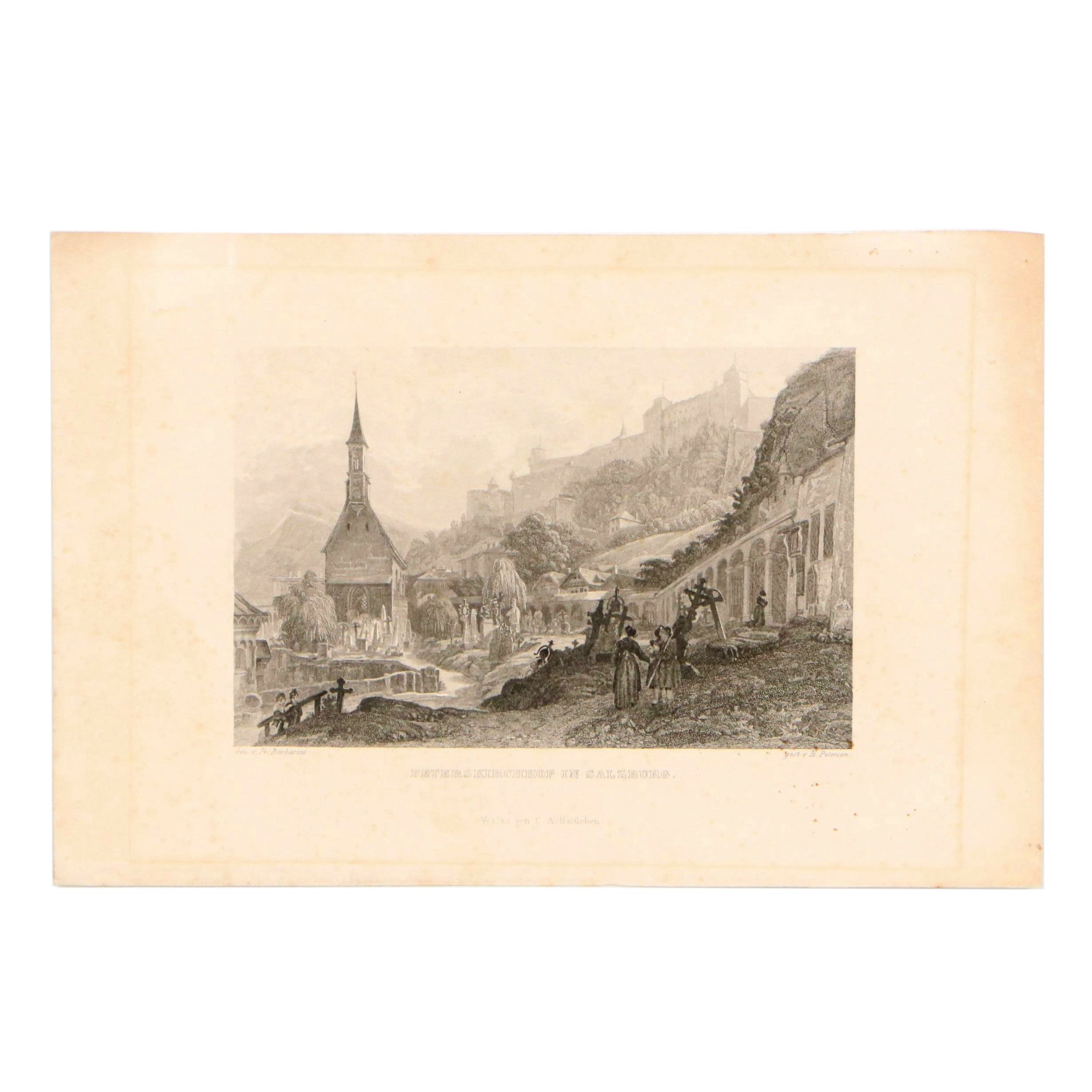 Landscape Etching After Franz Barbarini "Peterskirchhof In Salzburg," 1839