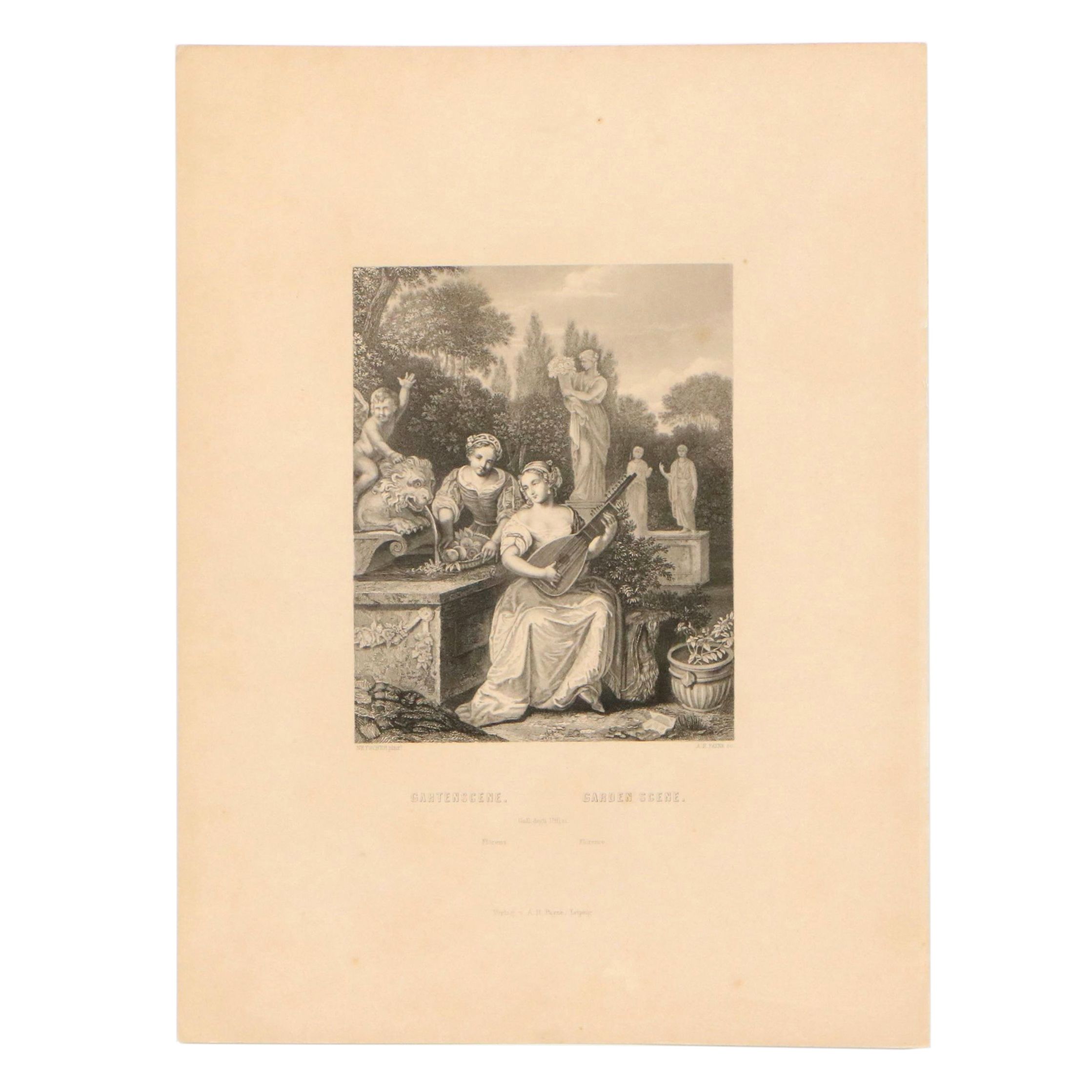 Engraving After Caspar Netscher "Gartenscene," 19th Century