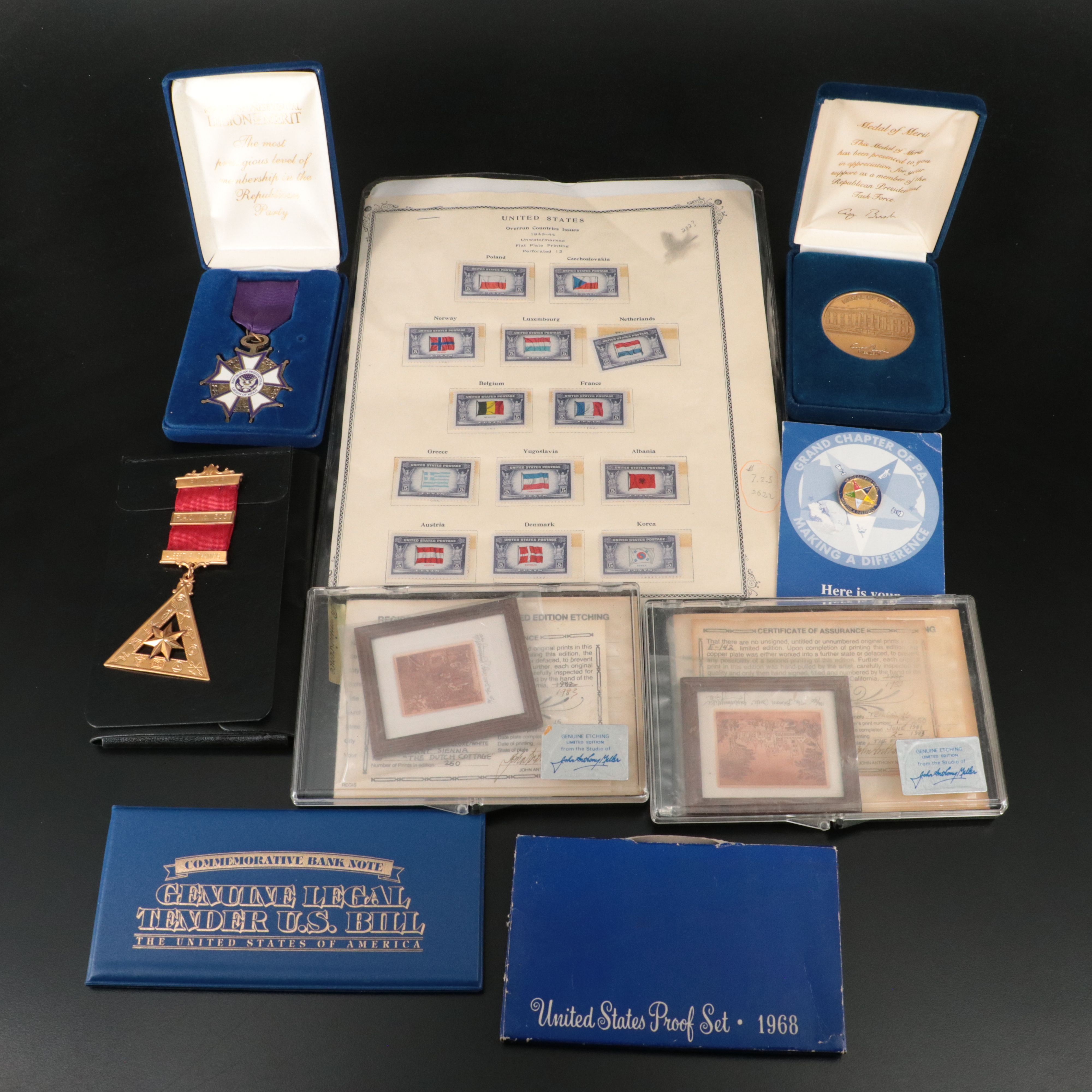1968 U.S. Proof Set, Peanuts Currency, Medals, Etchings, and Postage Stamps