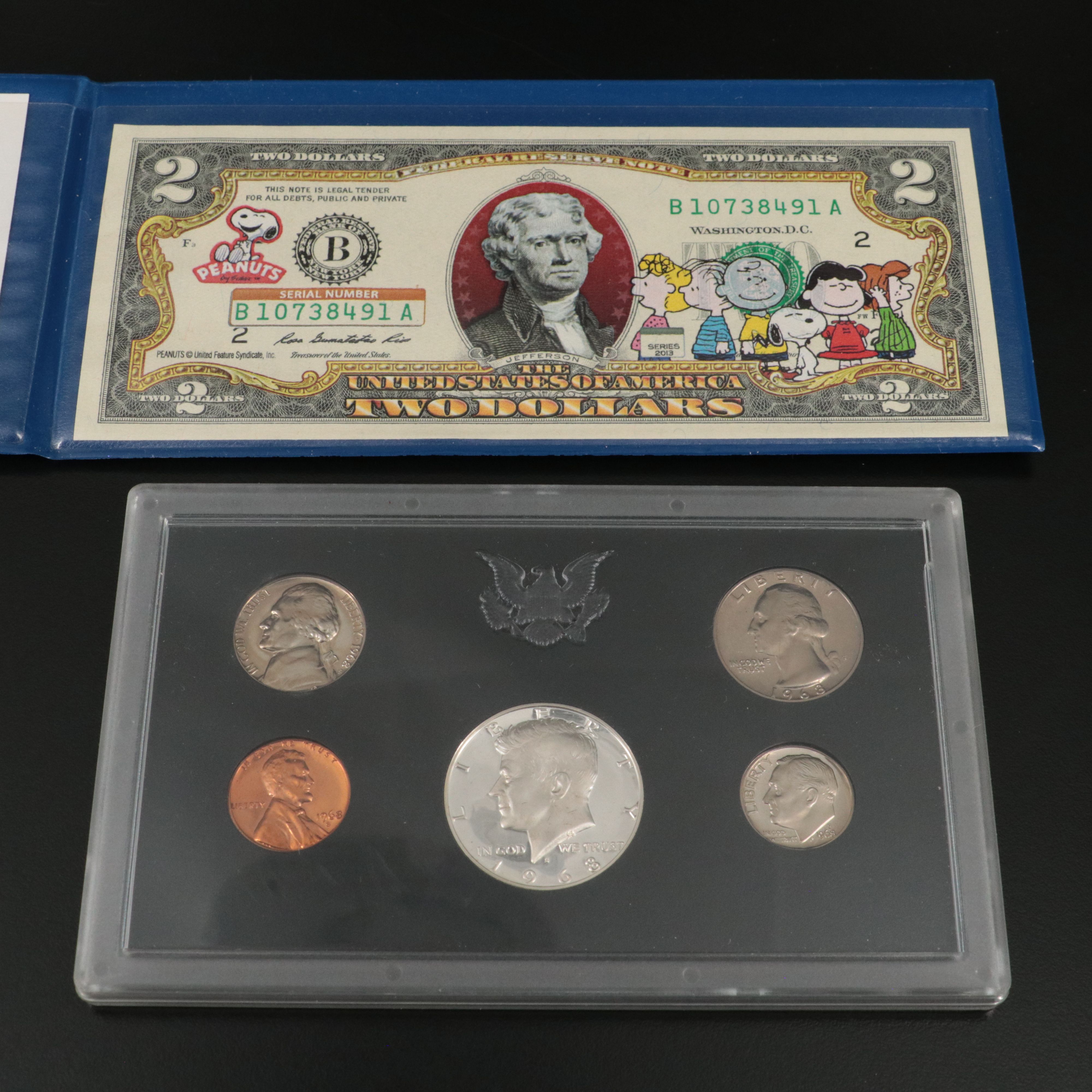 1968 U.S. Proof Set, Peanuts Currency, Medals, Etchings, and Postage Stamps