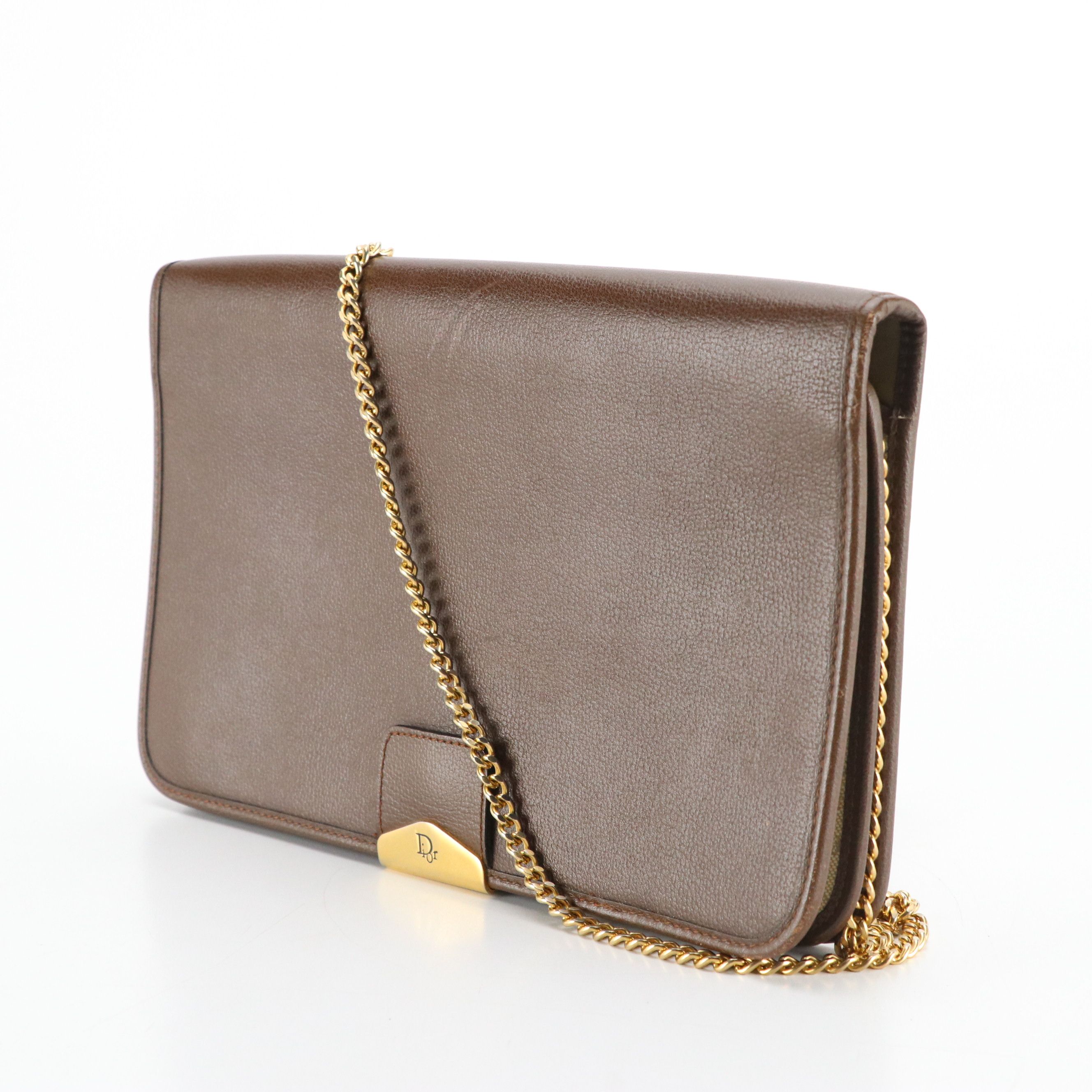 Christian Dior Full Flap Chain Clutch in Brown Leather