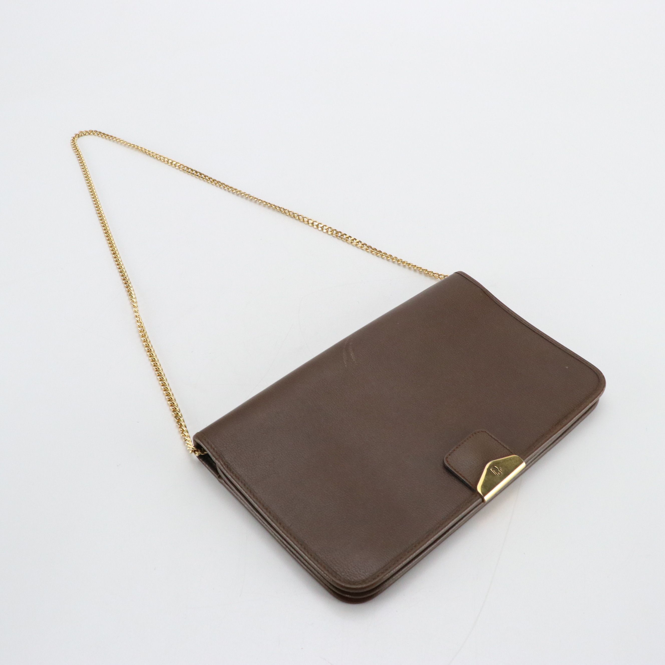 Christian Dior Full Flap Chain Clutch in Brown Leather