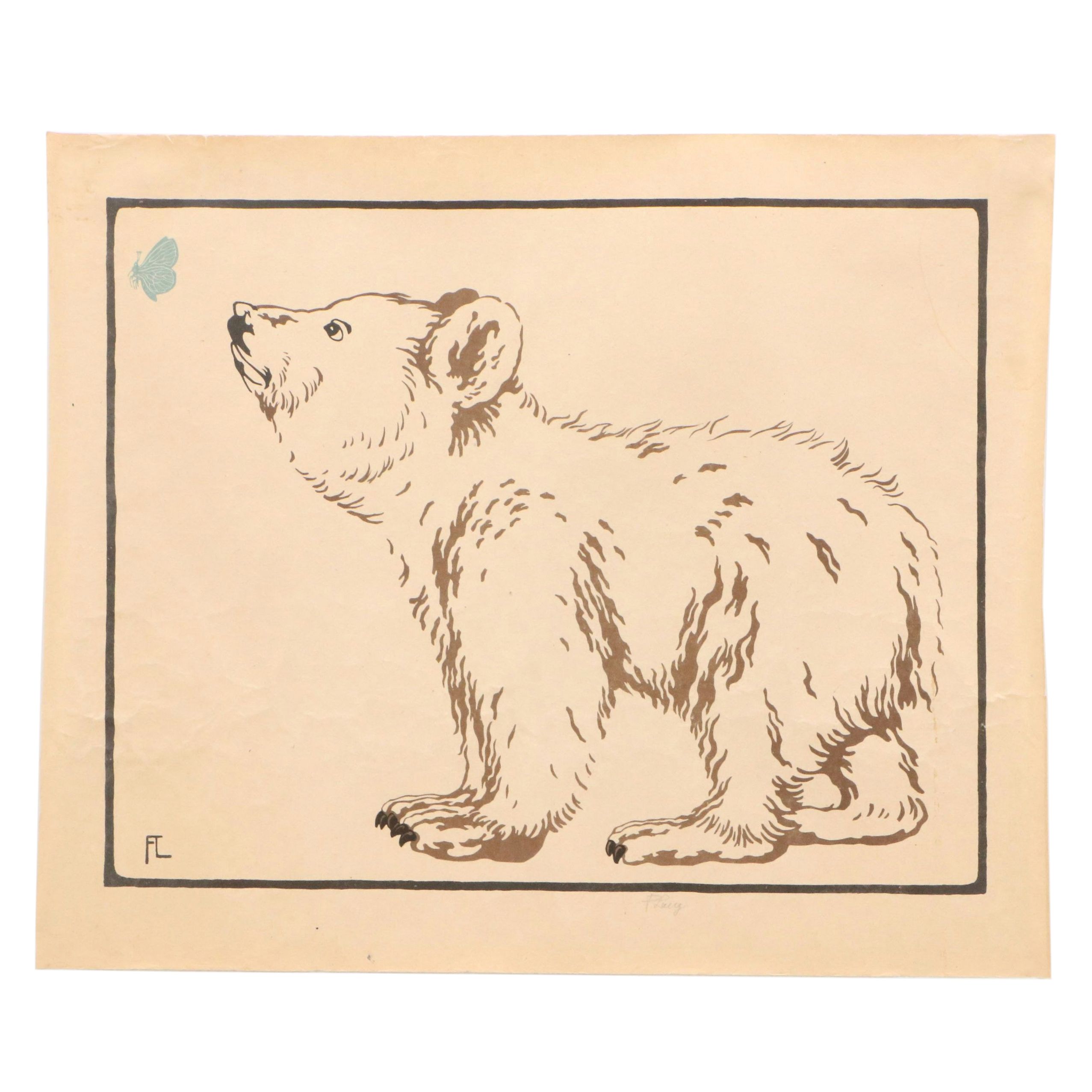 Fritz Lang Woodcut "Little Bear with Butterfly," Early 20th Century