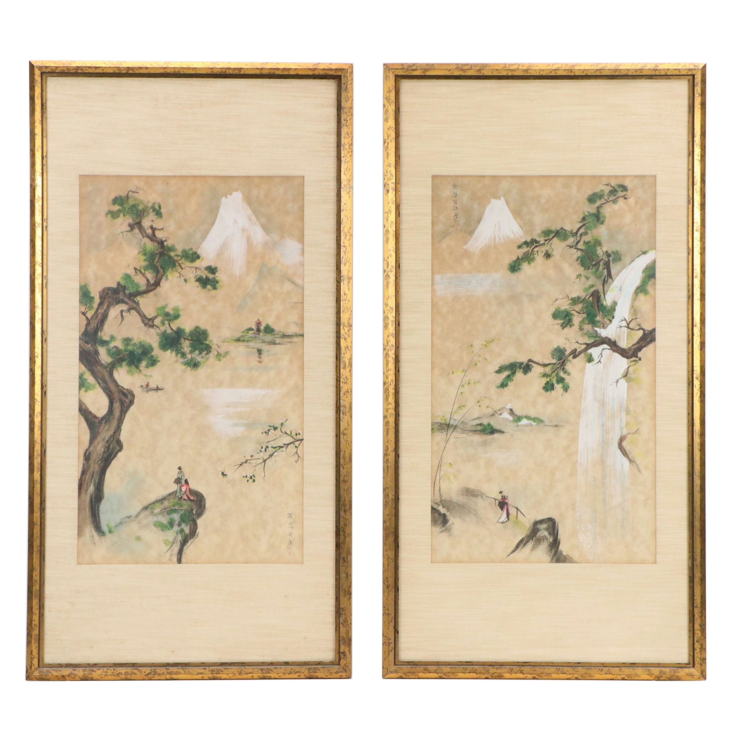 Mixed Technique Prints of Minimal Japanese Landscapes, Mid-20th Century