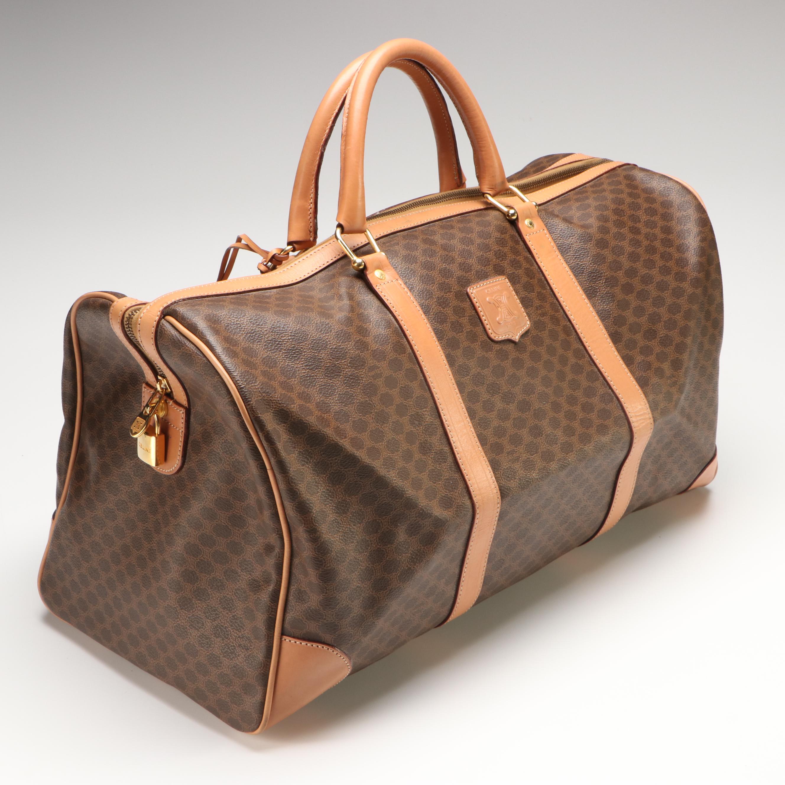Celine Travel Boston Bag in Brown Coated Canvas and Tan Leather