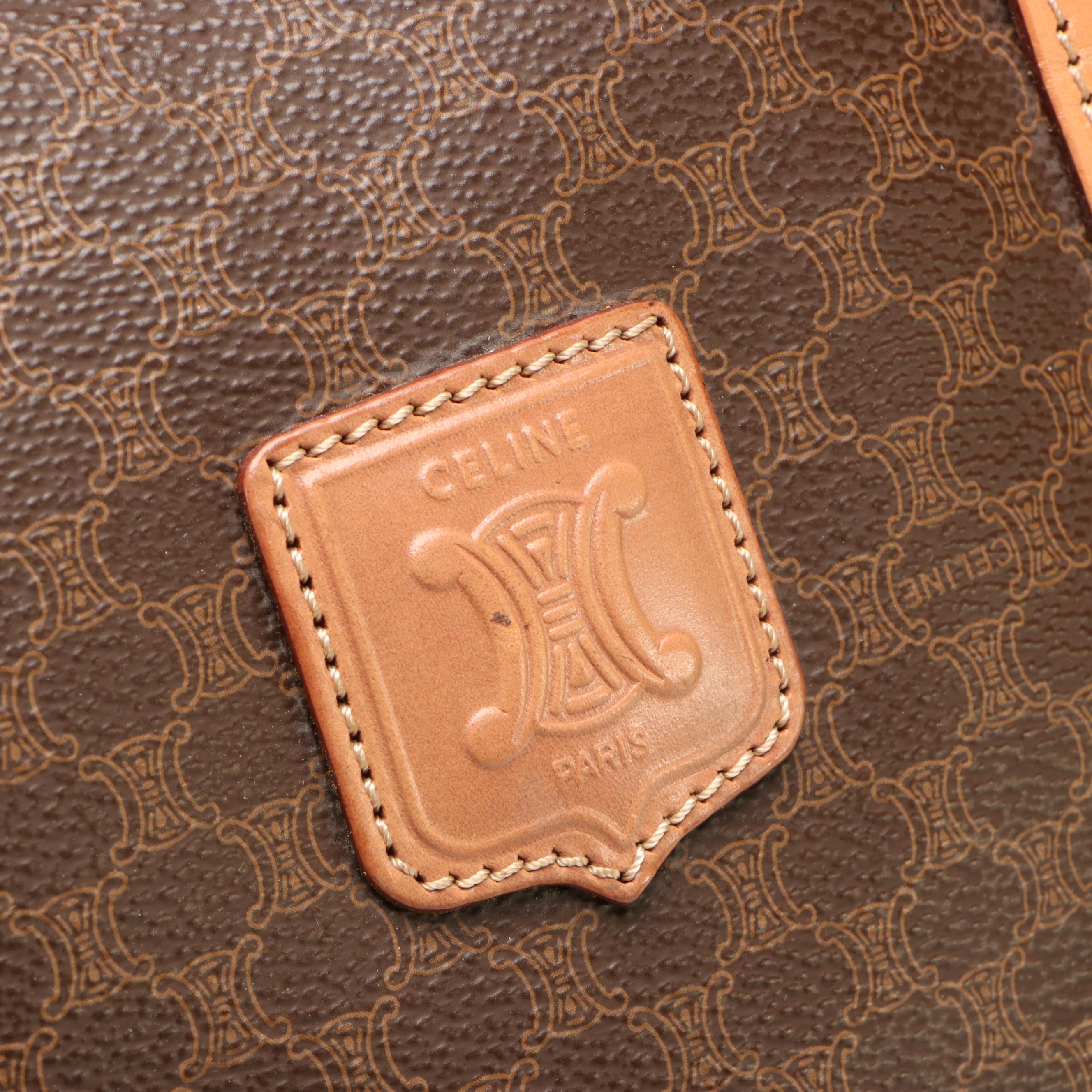 Celine Travel Boston Bag in Brown Coated Canvas and Tan Leather