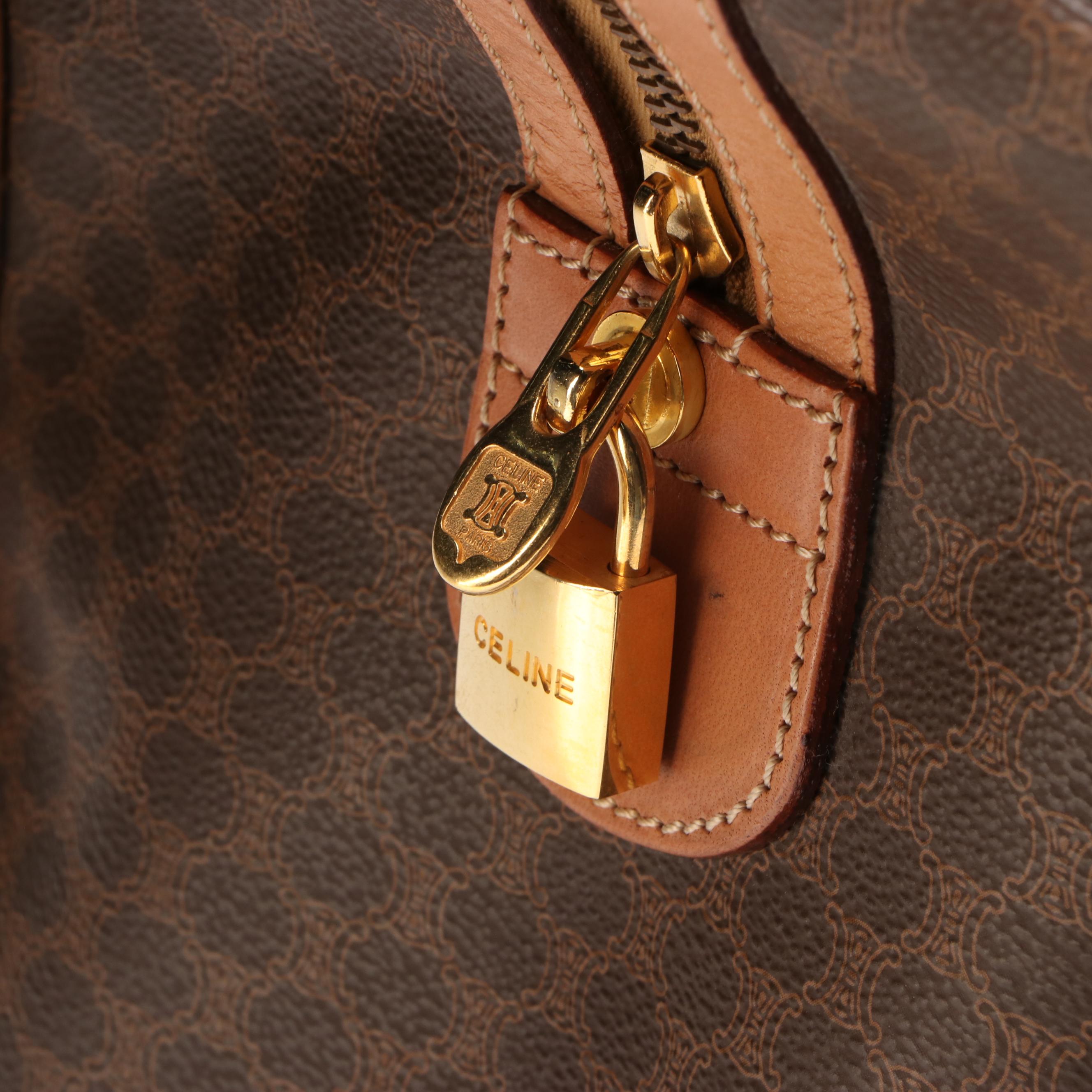 Celine Travel Boston Bag in Brown Coated Canvas and Tan Leather