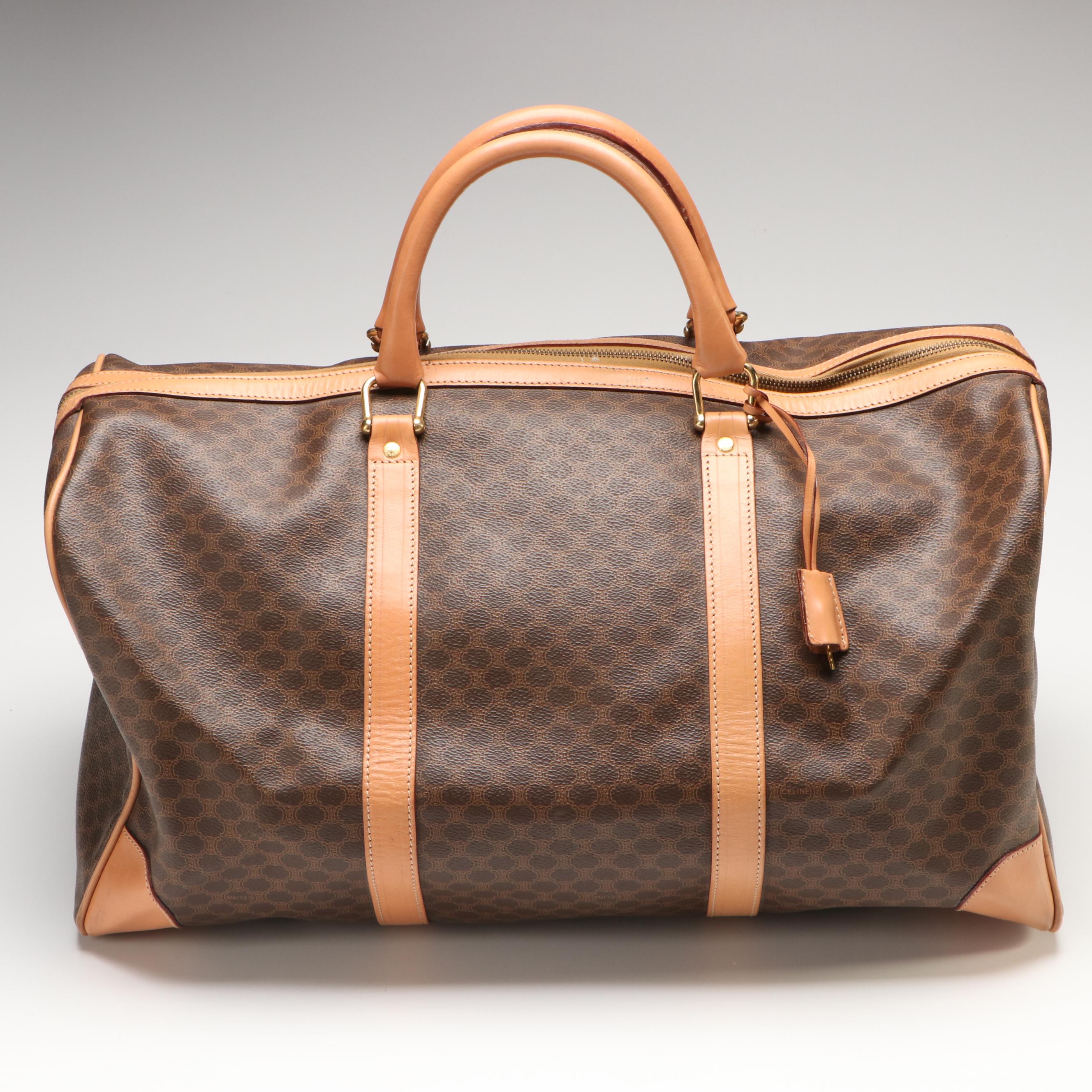 Celine Travel Boston Bag in Brown Coated Canvas and Tan Leather