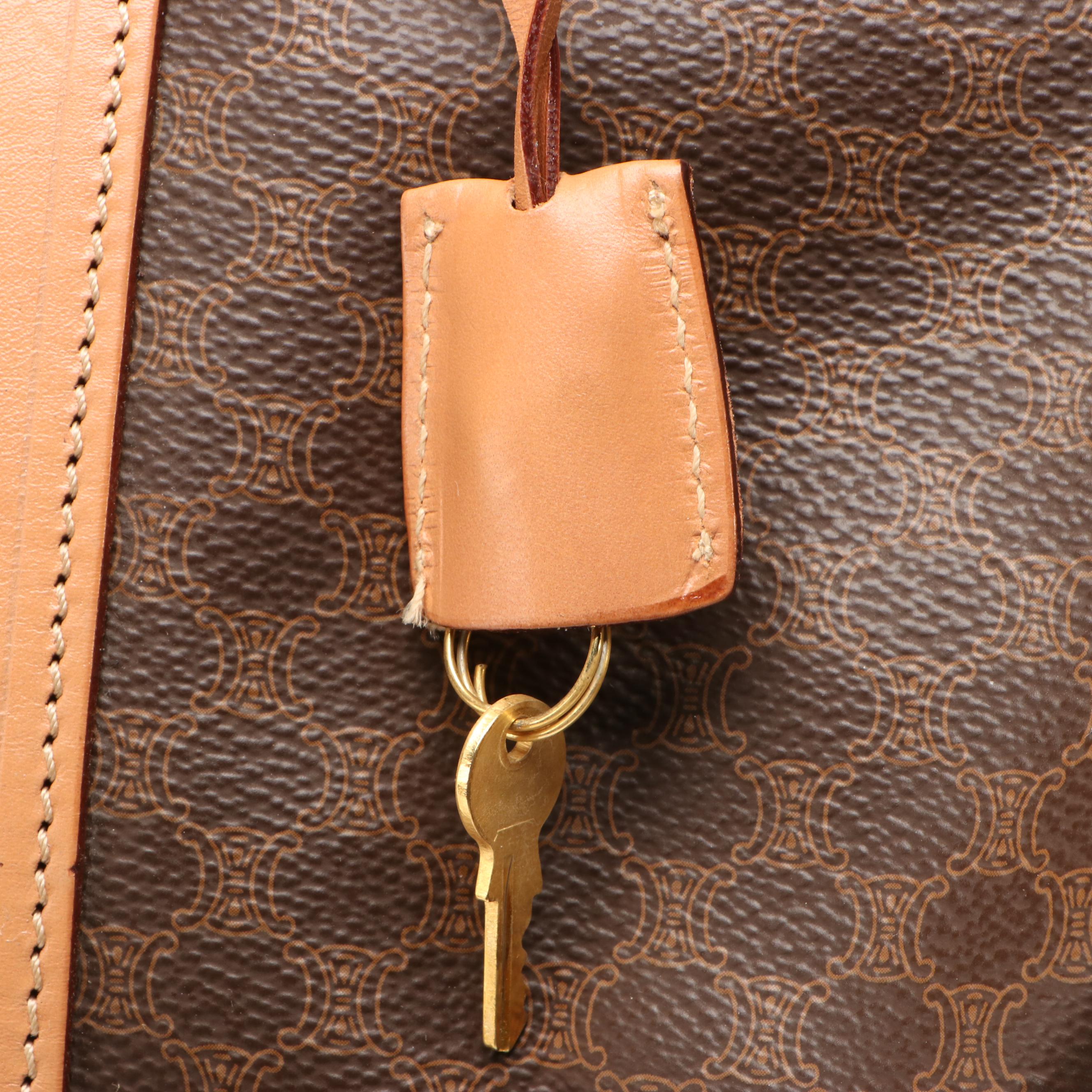 Celine Travel Boston Bag in Brown Coated Canvas and Tan Leather