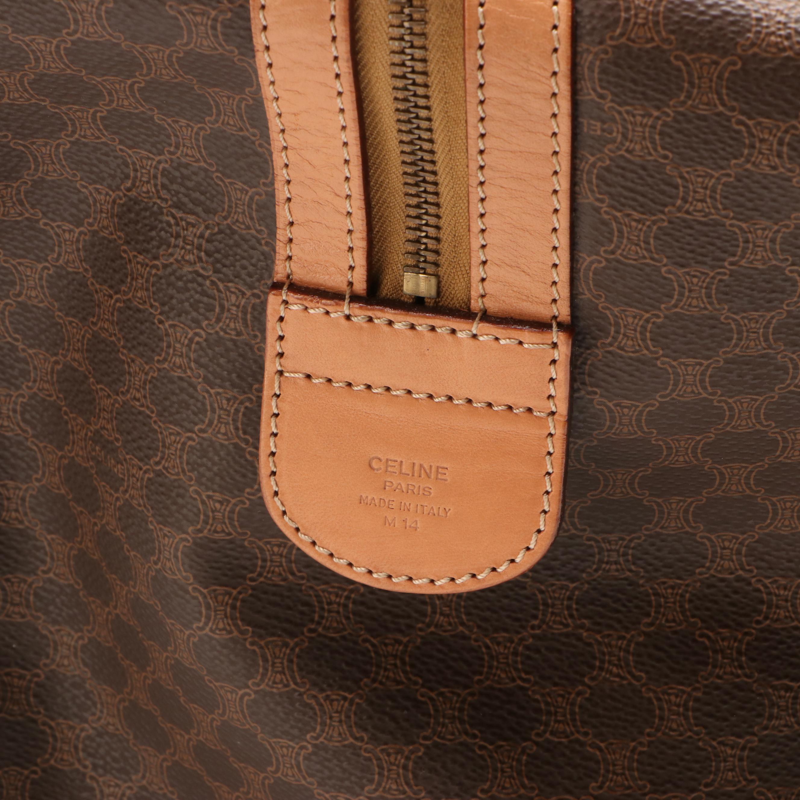 Celine Travel Boston Bag in Brown Coated Canvas and Tan Leather