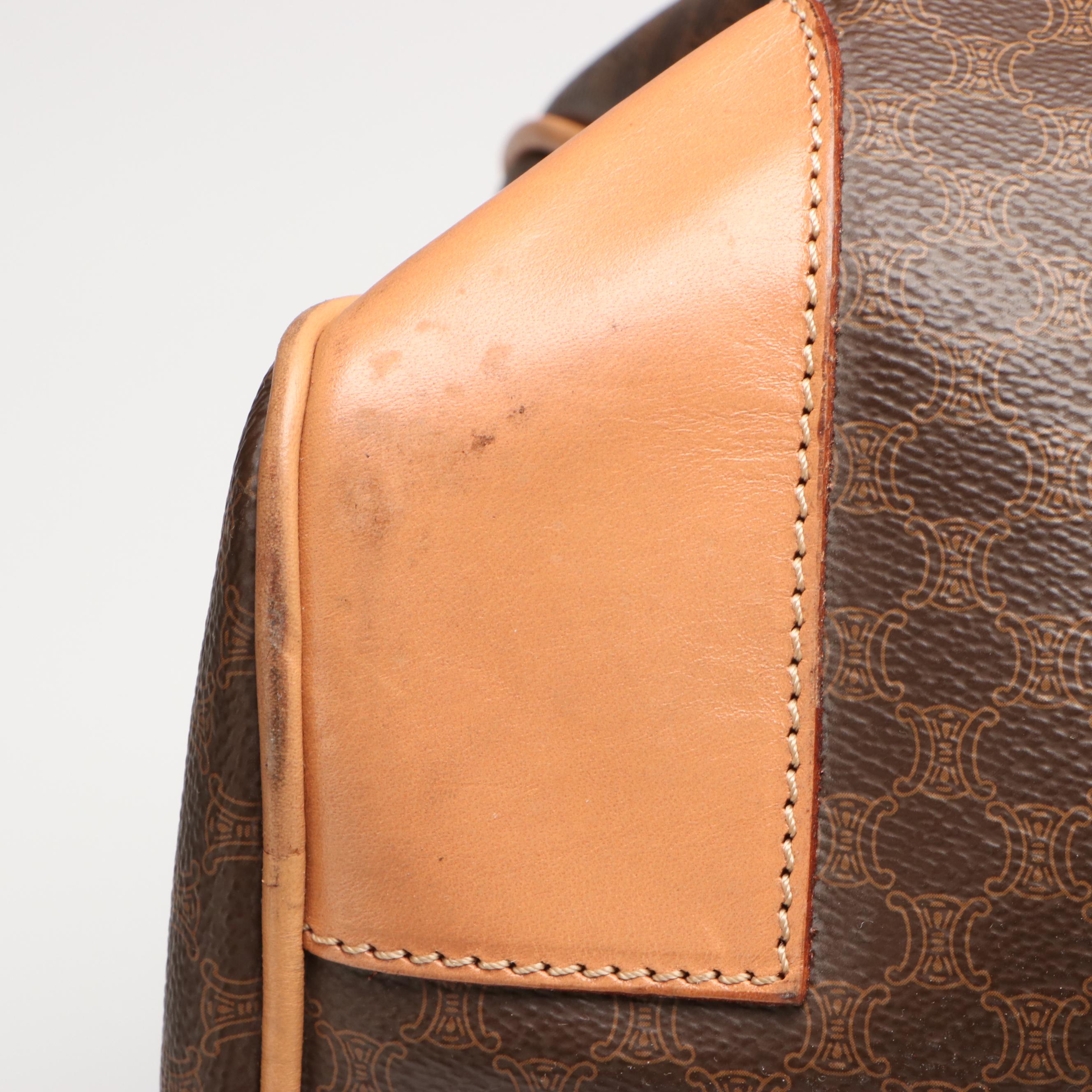 Celine Travel Boston Bag in Brown Coated Canvas and Tan Leather