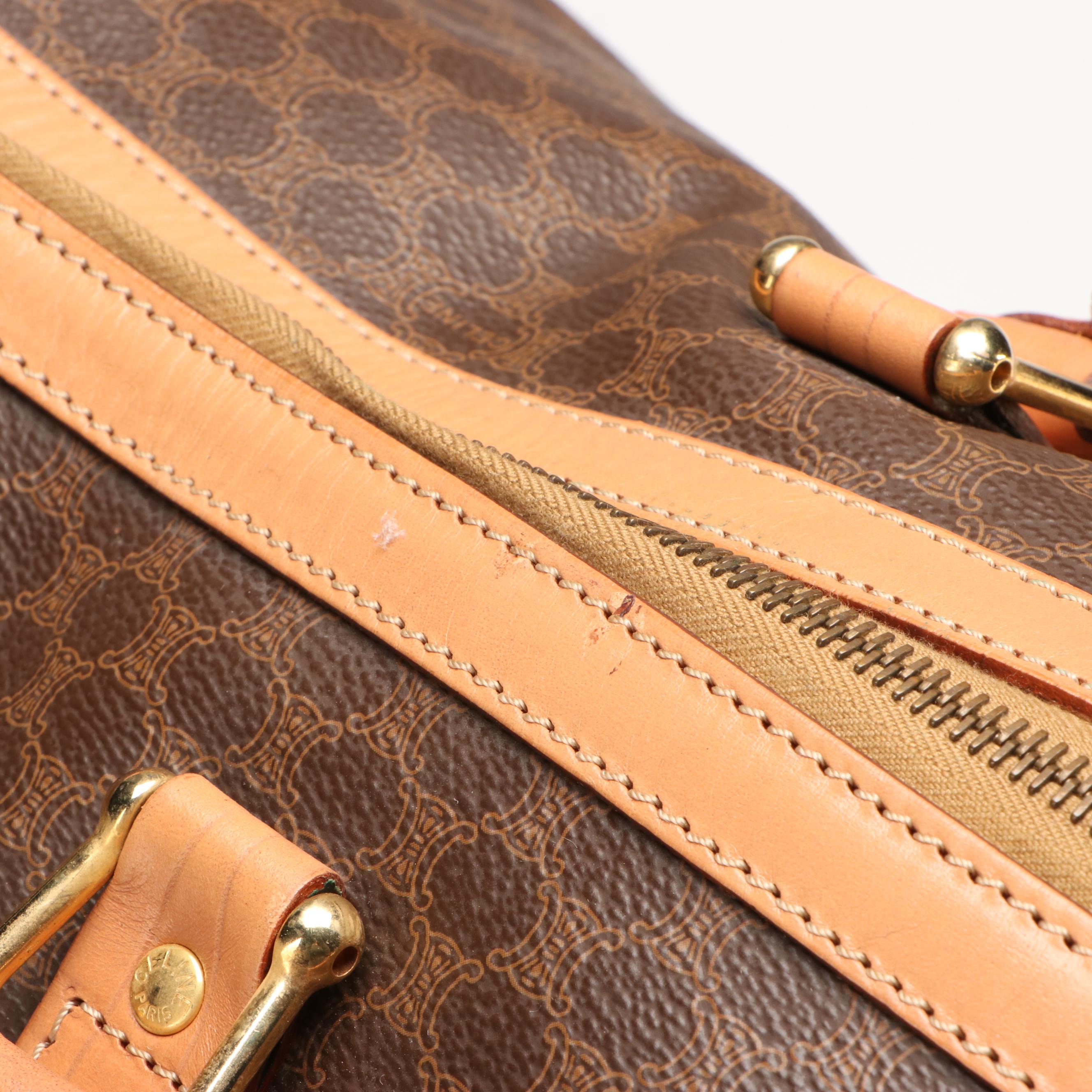 Celine Travel Boston Bag in Brown Coated Canvas and Tan Leather