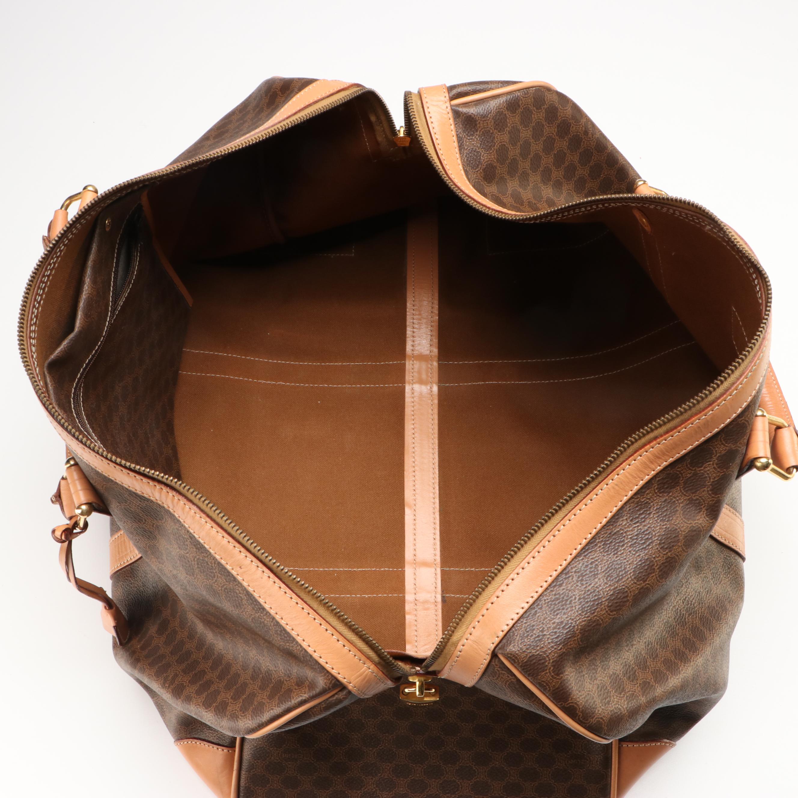 Celine Travel Boston Bag in Brown Coated Canvas and Tan Leather