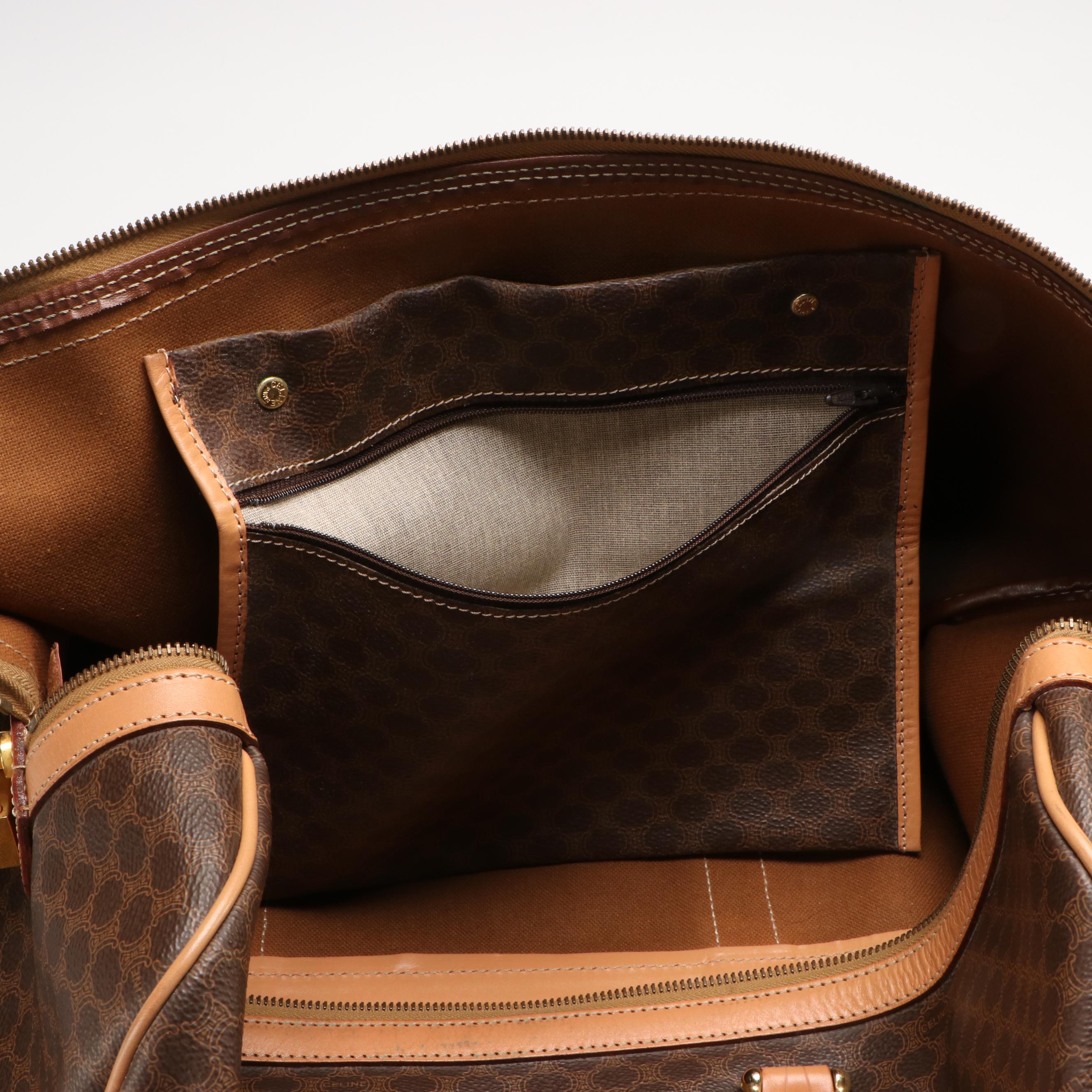Celine Travel Boston Bag in Brown Coated Canvas and Tan Leather