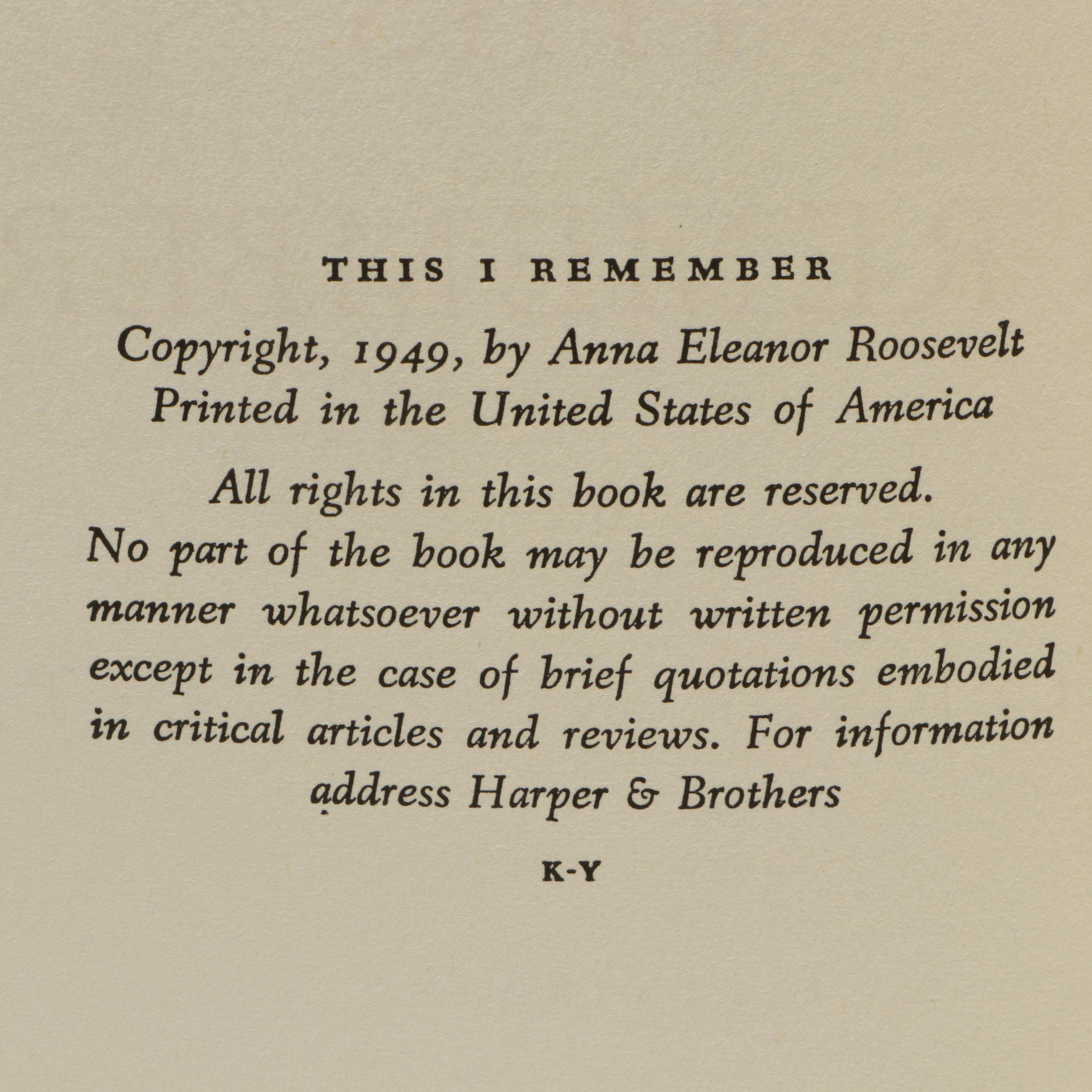 "This I Remember" by Eleanor Roosevelt with Signed Letter, Mid-20th Century