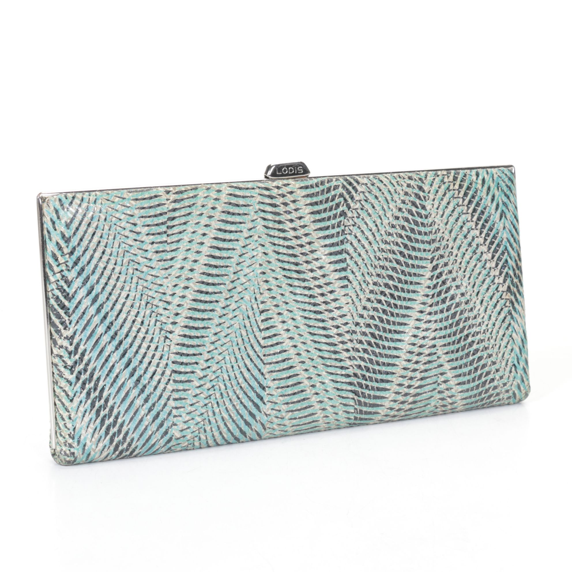 Lodis Teal Abstract Chevron Leather Clutch