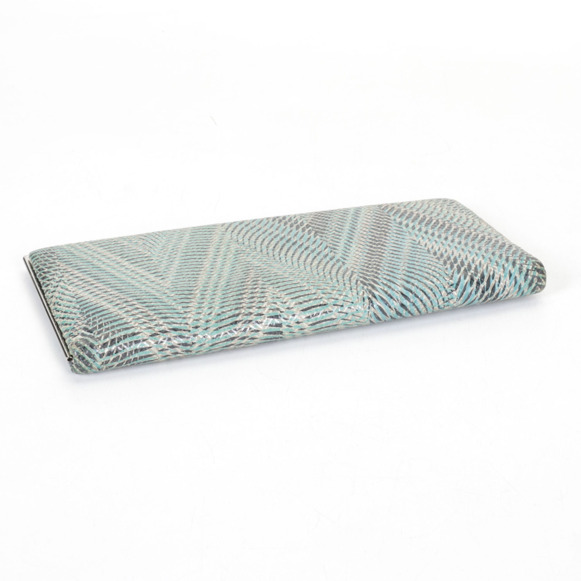 Lodis Teal Abstract Chevron Leather Clutch