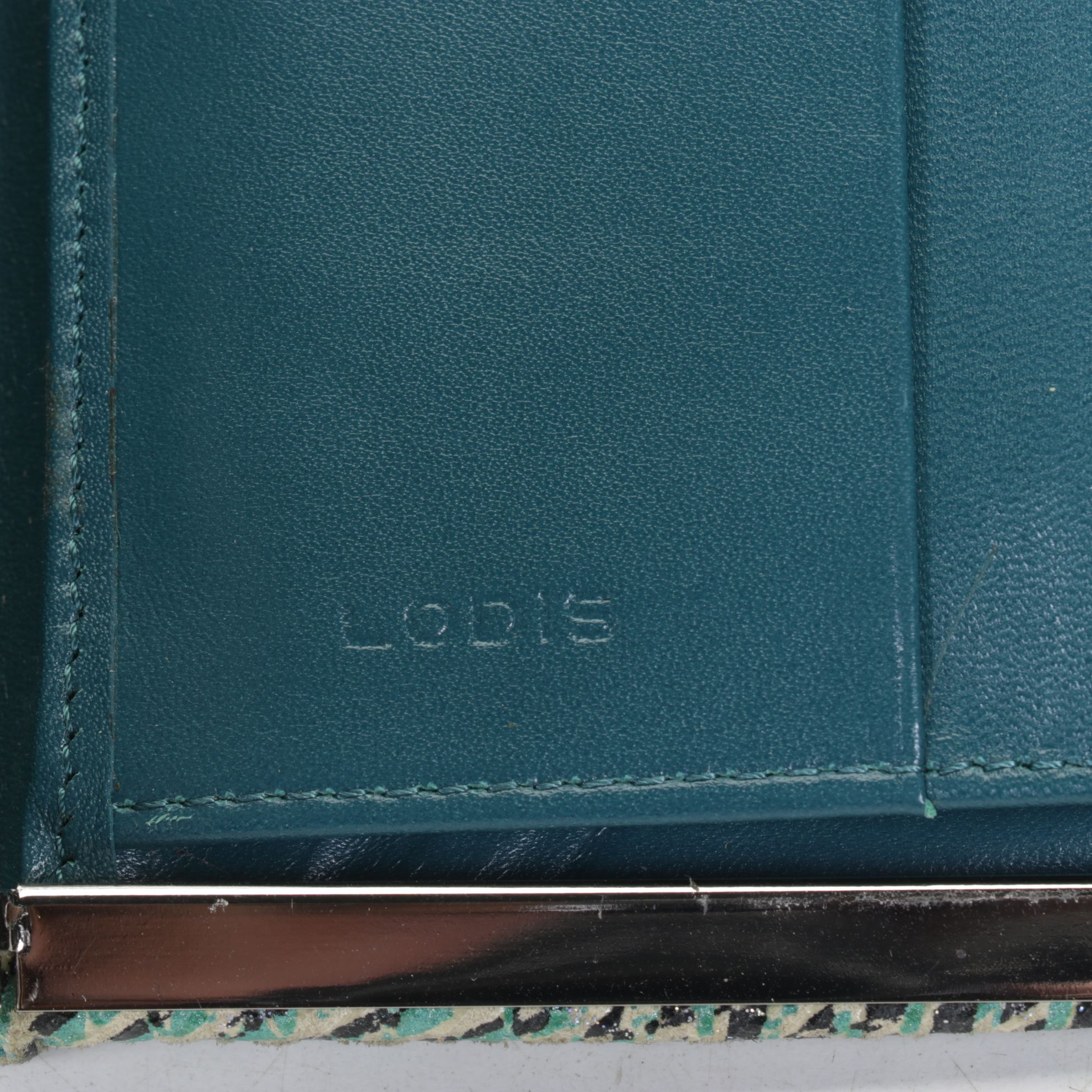 Lodis Teal Abstract Chevron Leather Clutch