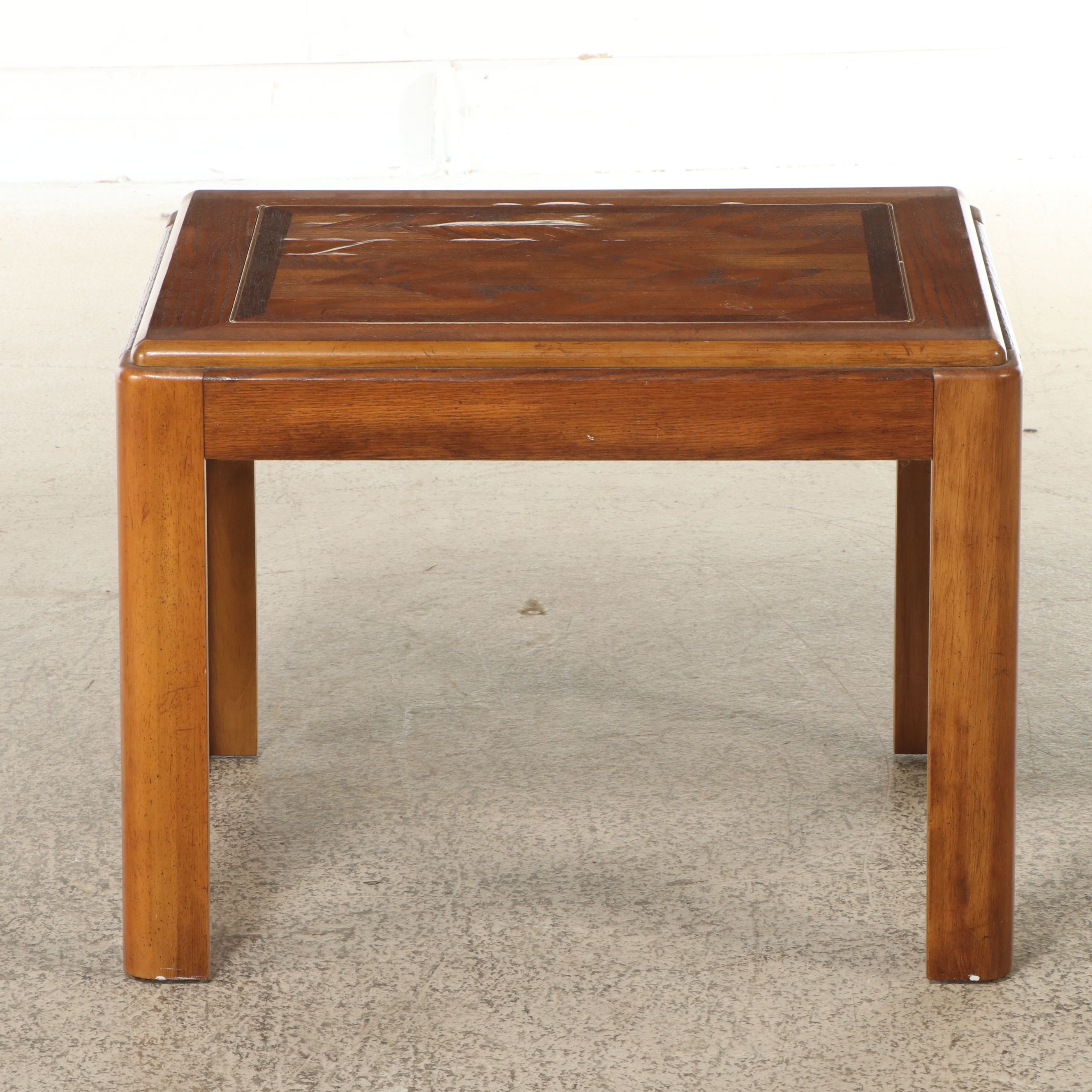 Modern Asian Style Mixed Wood Side Table with Metal Trim