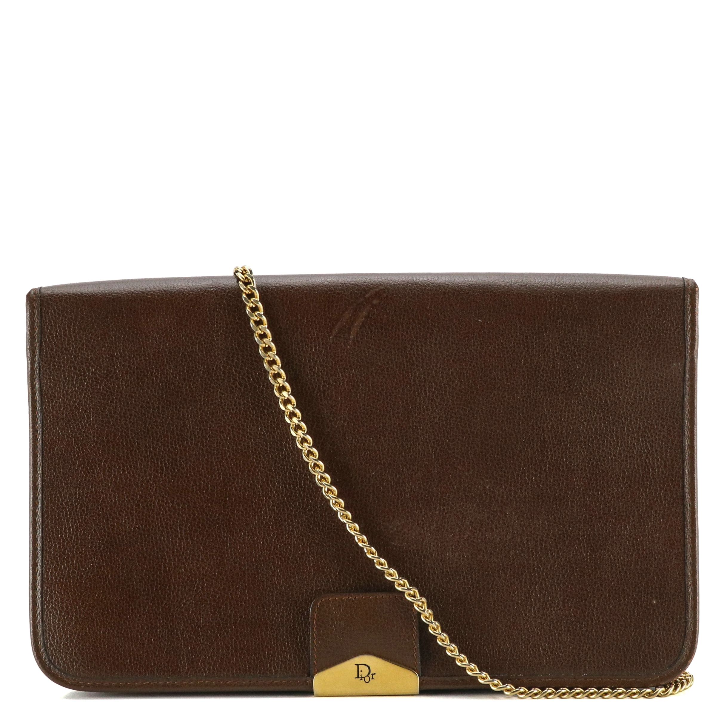 Christian Dior Full Flap Chain Clutch in Brown Leather