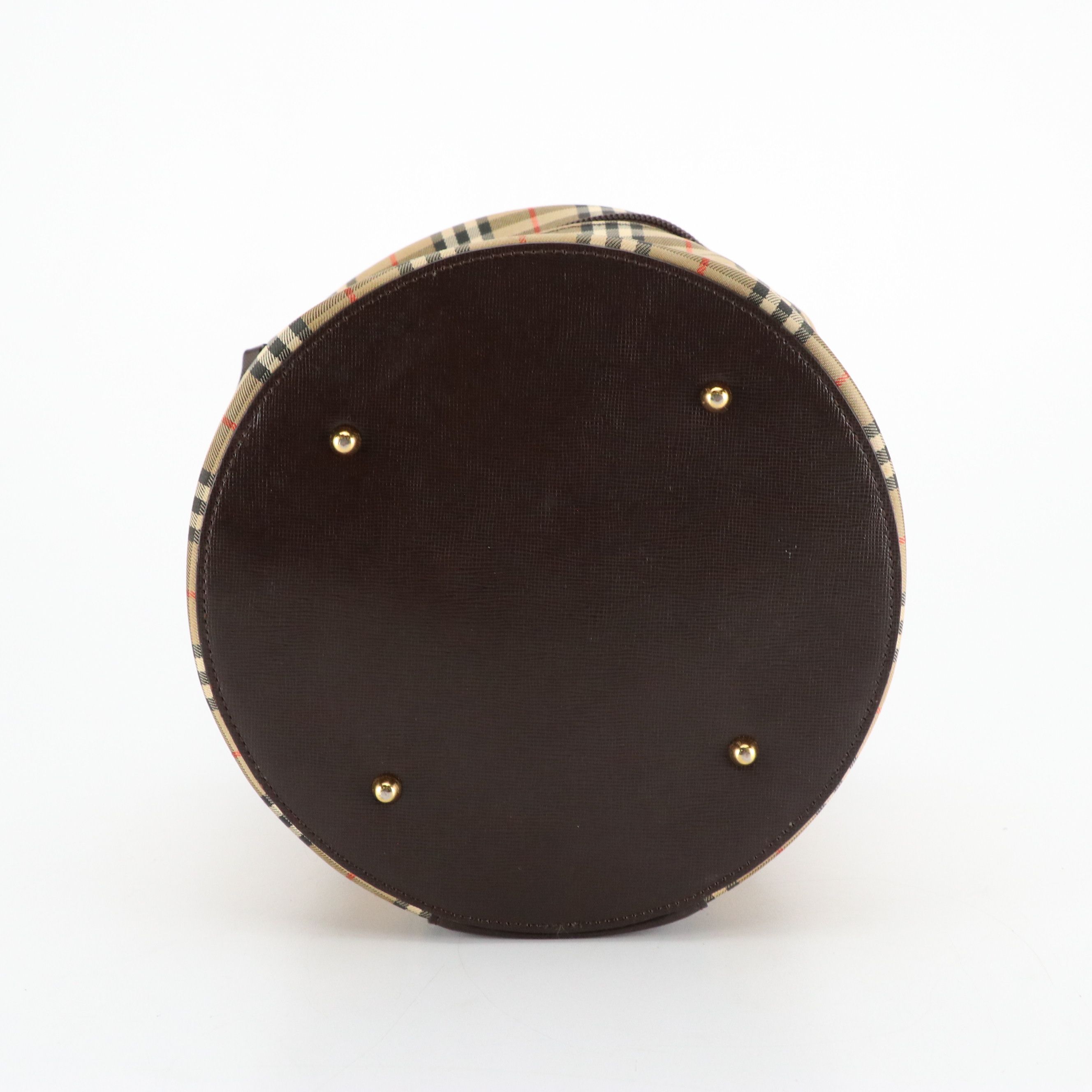 Burberry Top Handle Vanity Bag in Hayemarket Check Canvas & Dark Brown Leather