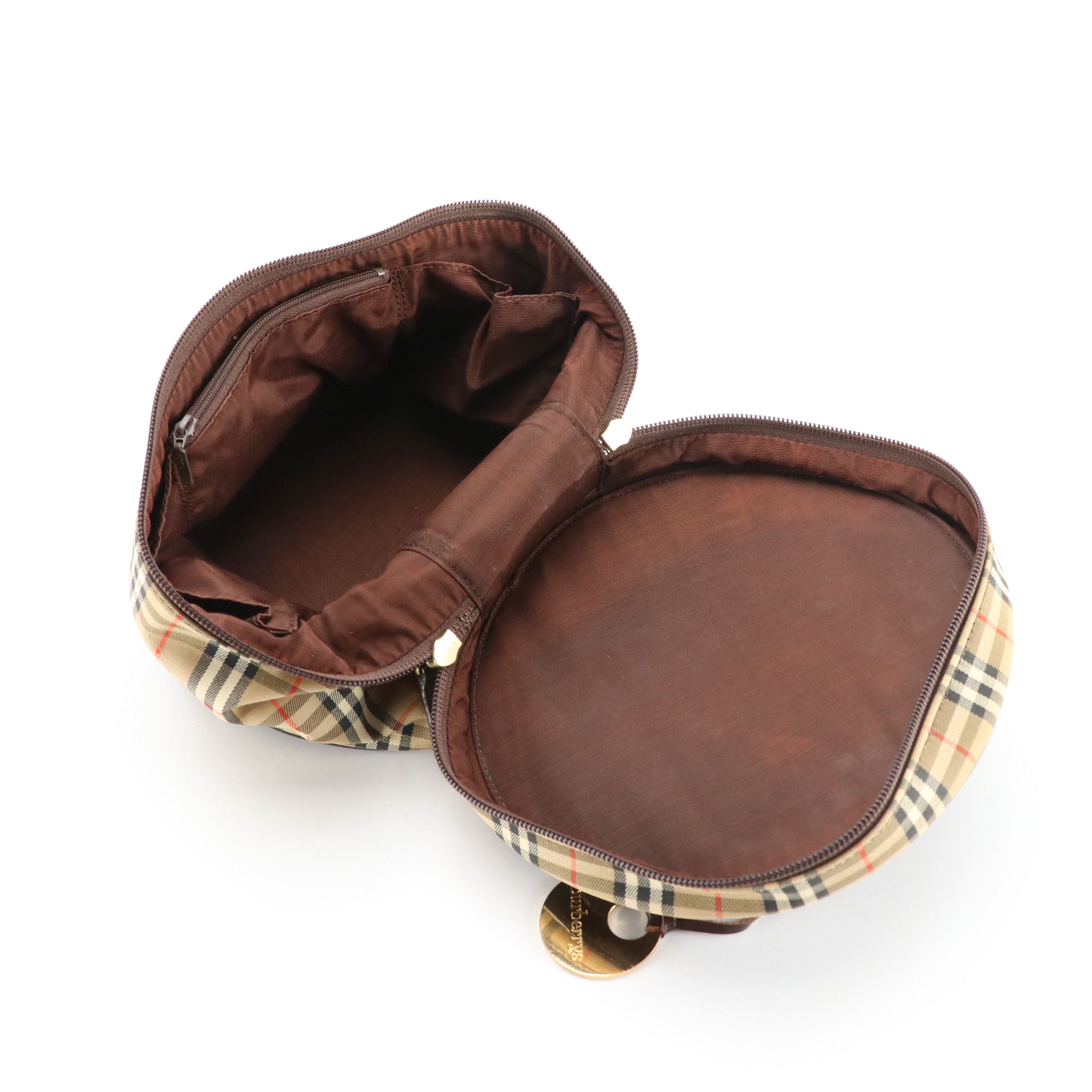 Burberry Top Handle Vanity Bag in Hayemarket Check Canvas & Dark Brown Leather