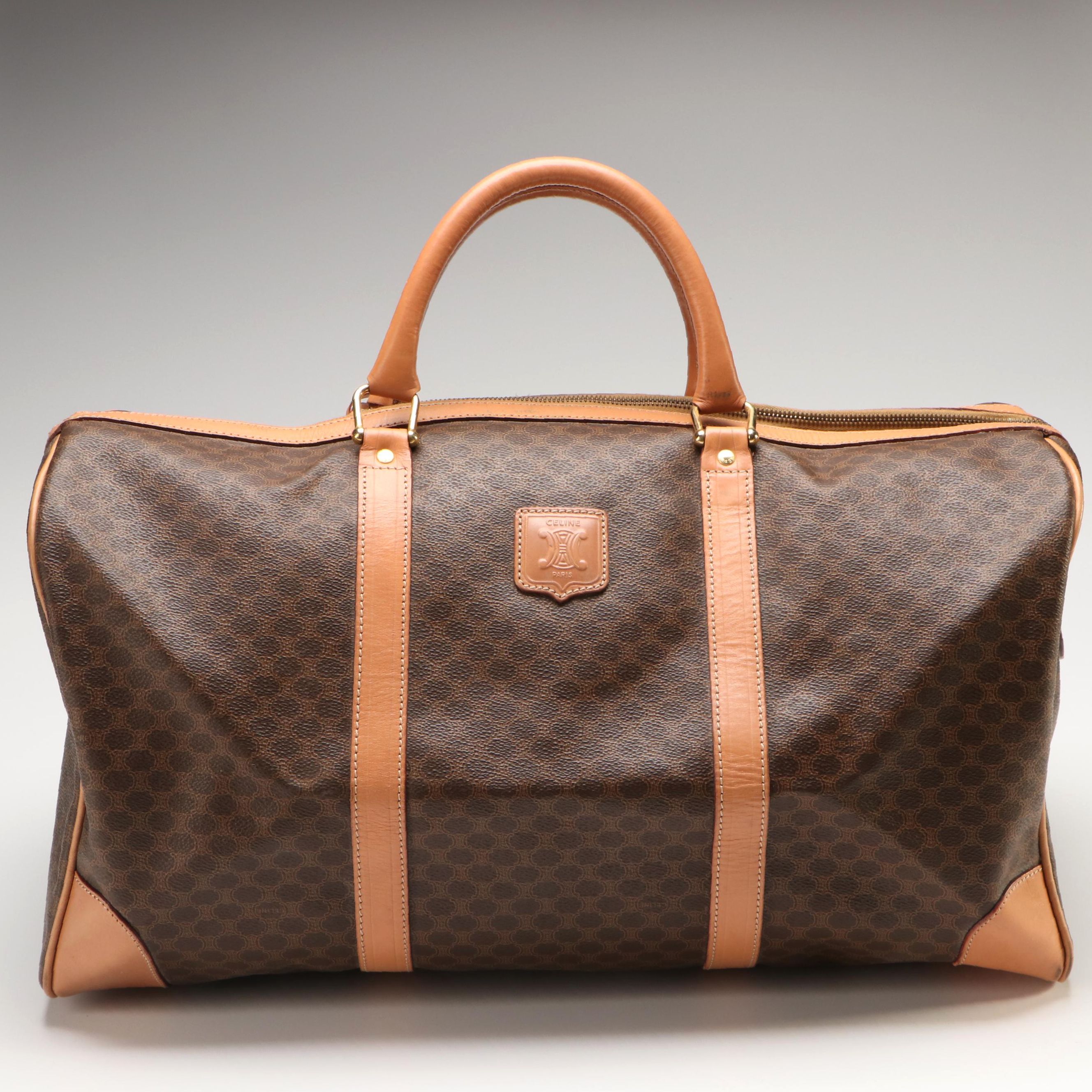 Celine Travel Boston Bag in Brown Coated Canvas and Tan Leather