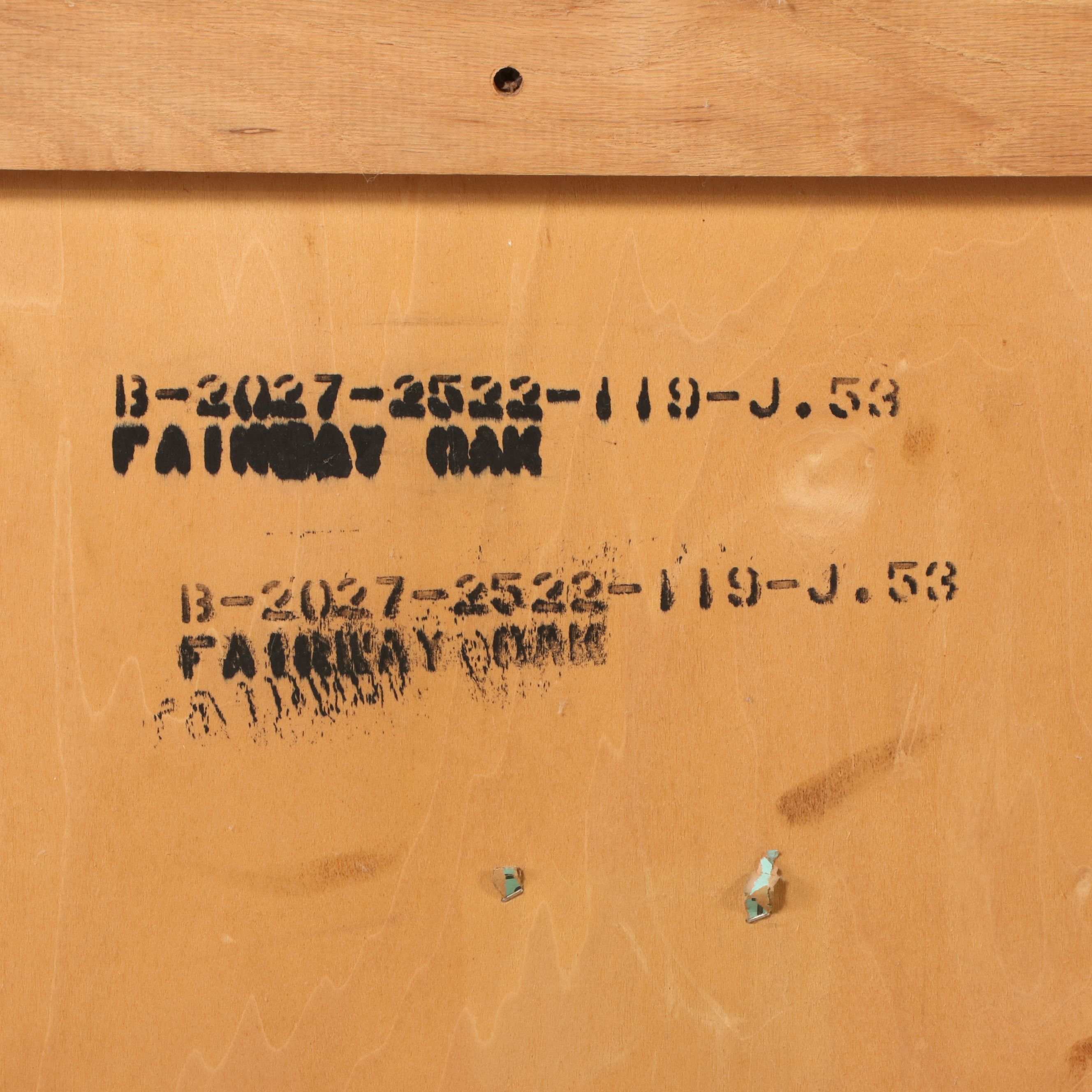 Bassett Mid Century Modern Campaign Style Oak Headboard and Nightstand