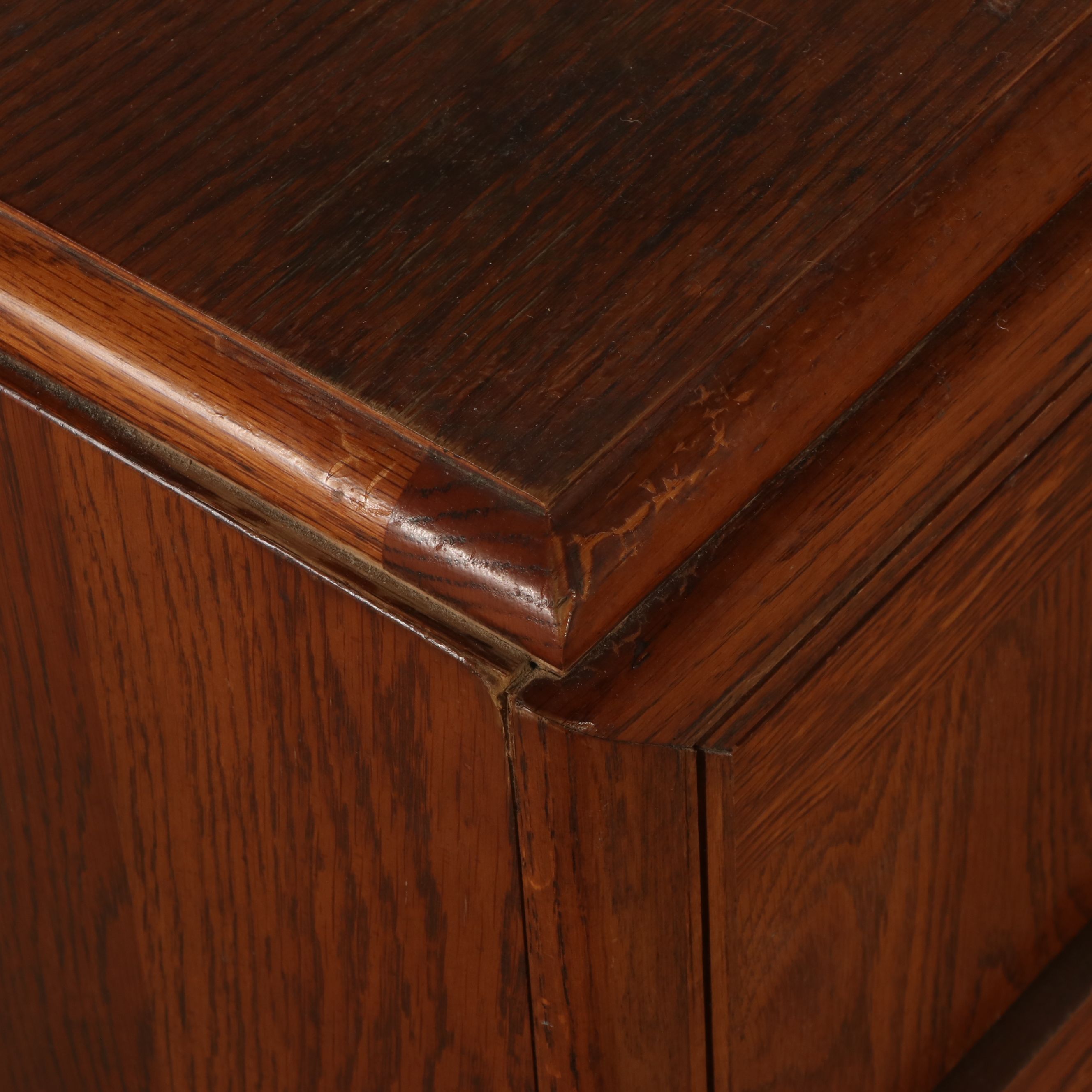 Bassett Mid Century Modern Campaign Style Oak Headboard and Nightstand