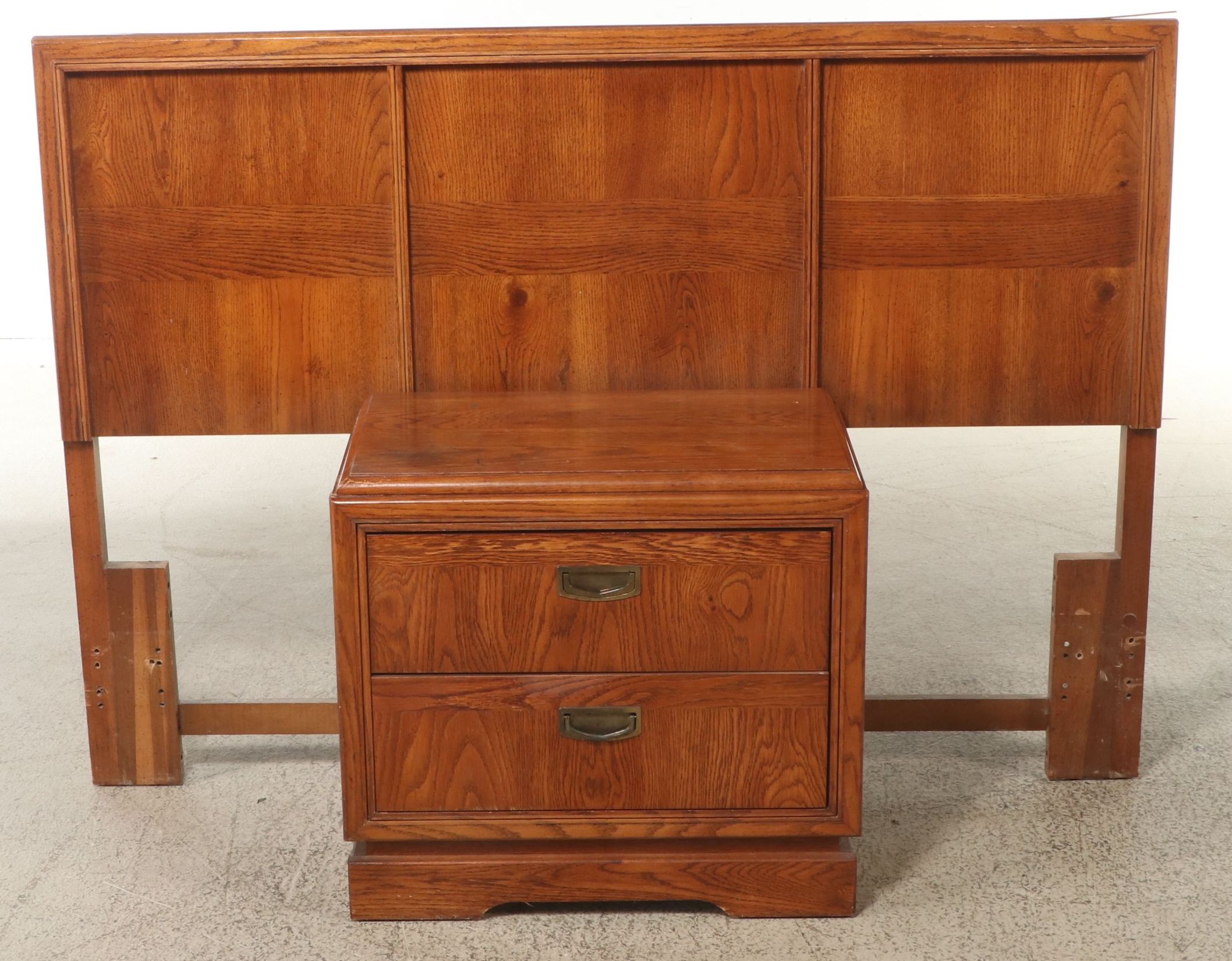 Bassett Mid Century Modern Campaign Style Oak Headboard and Nightstand
