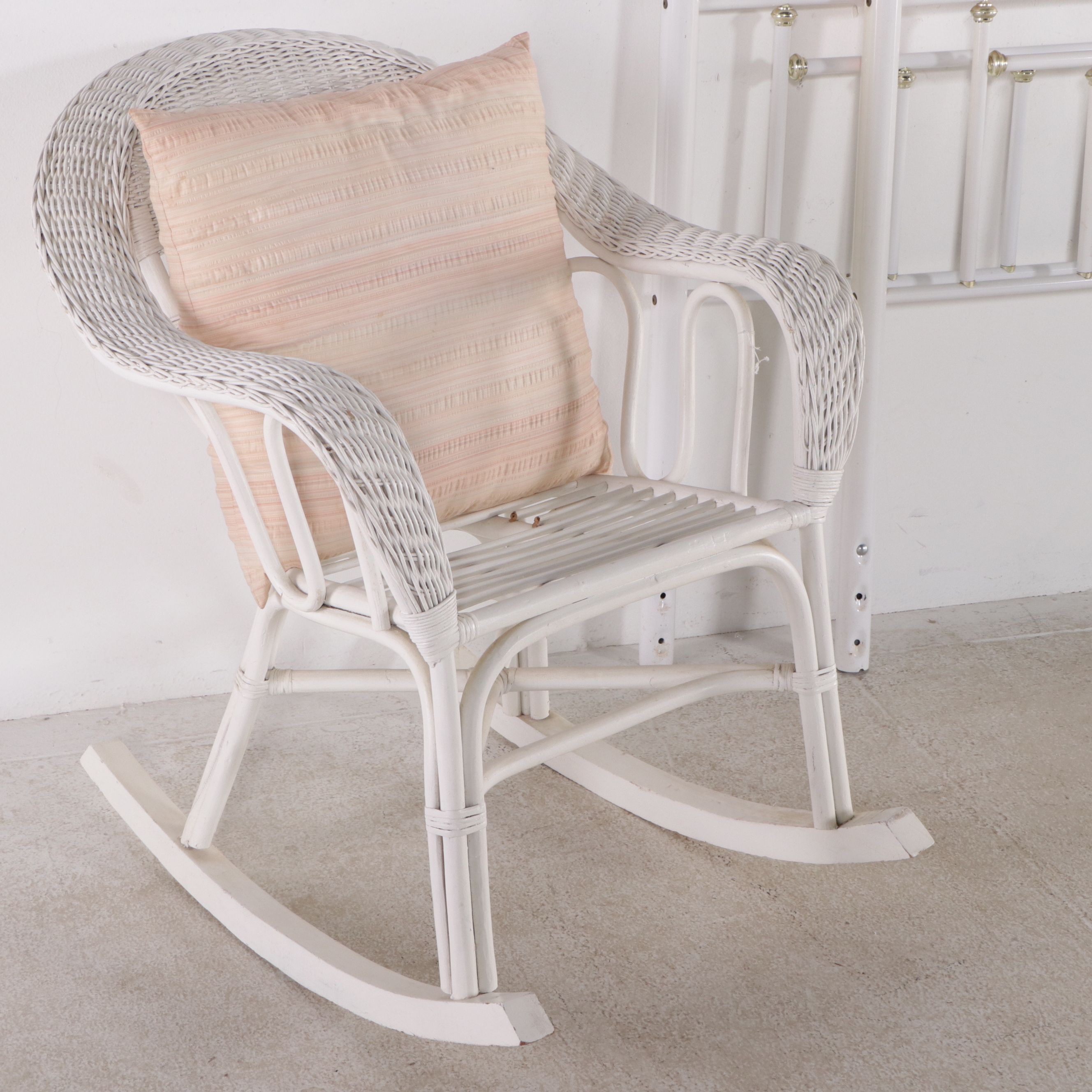 Victorian Style Metal Twin Headboards with Wicker Rocking Chair and Chest