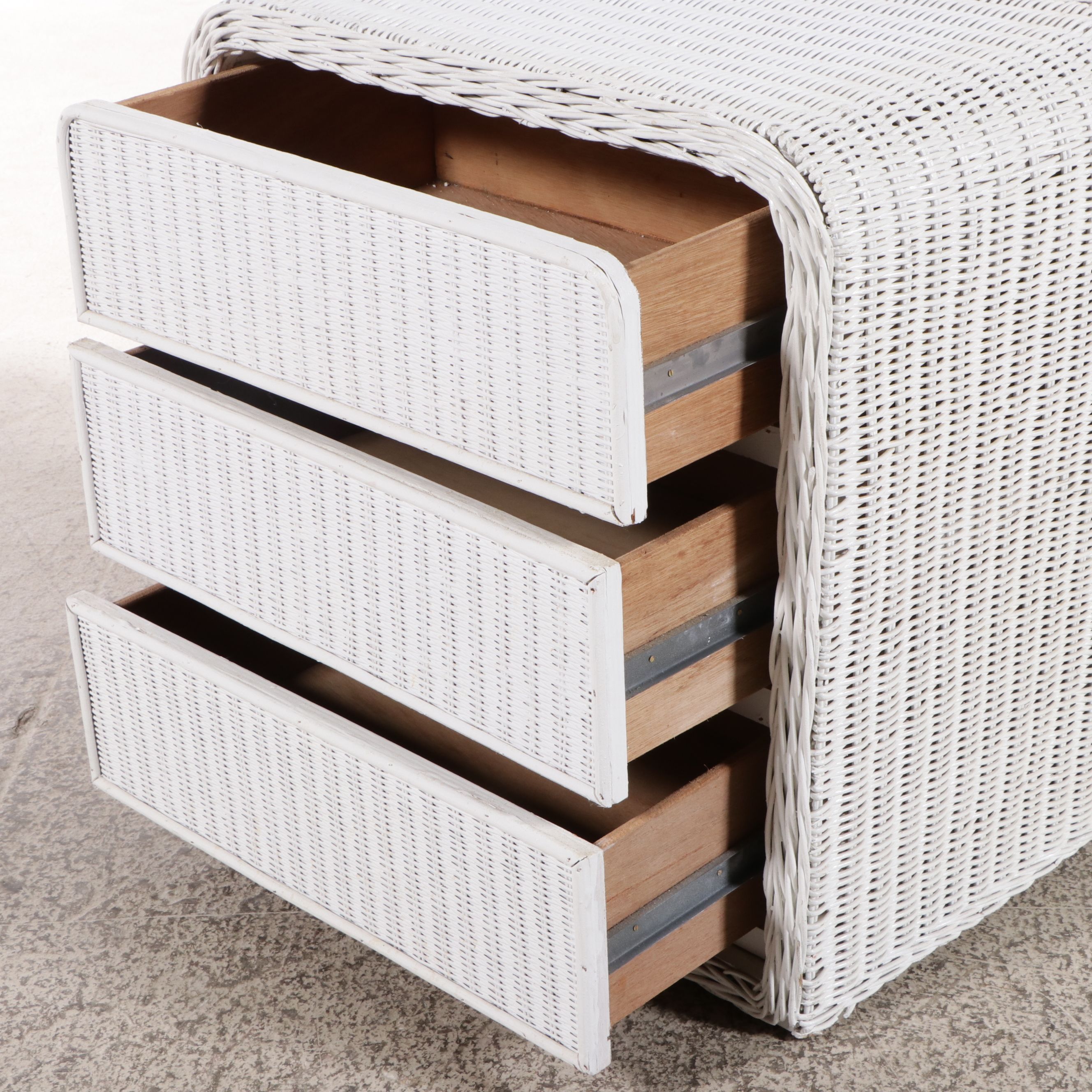 Victorian Style Metal Twin Headboards with Wicker Rocking Chair and Chest