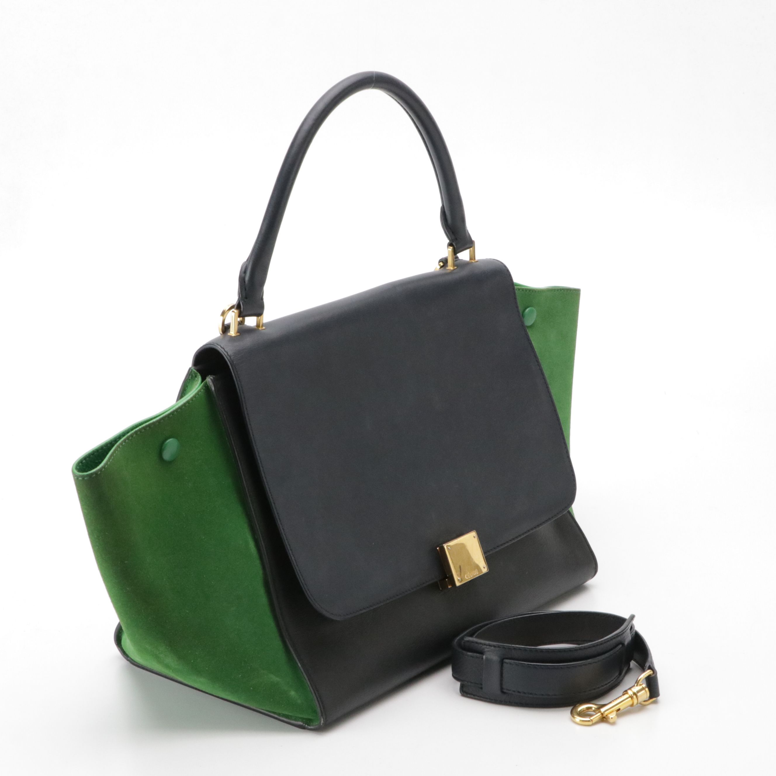 Céline Medium Trapeze Two-Way Bag in Navy Blue Calfskin Leather and Green Suede