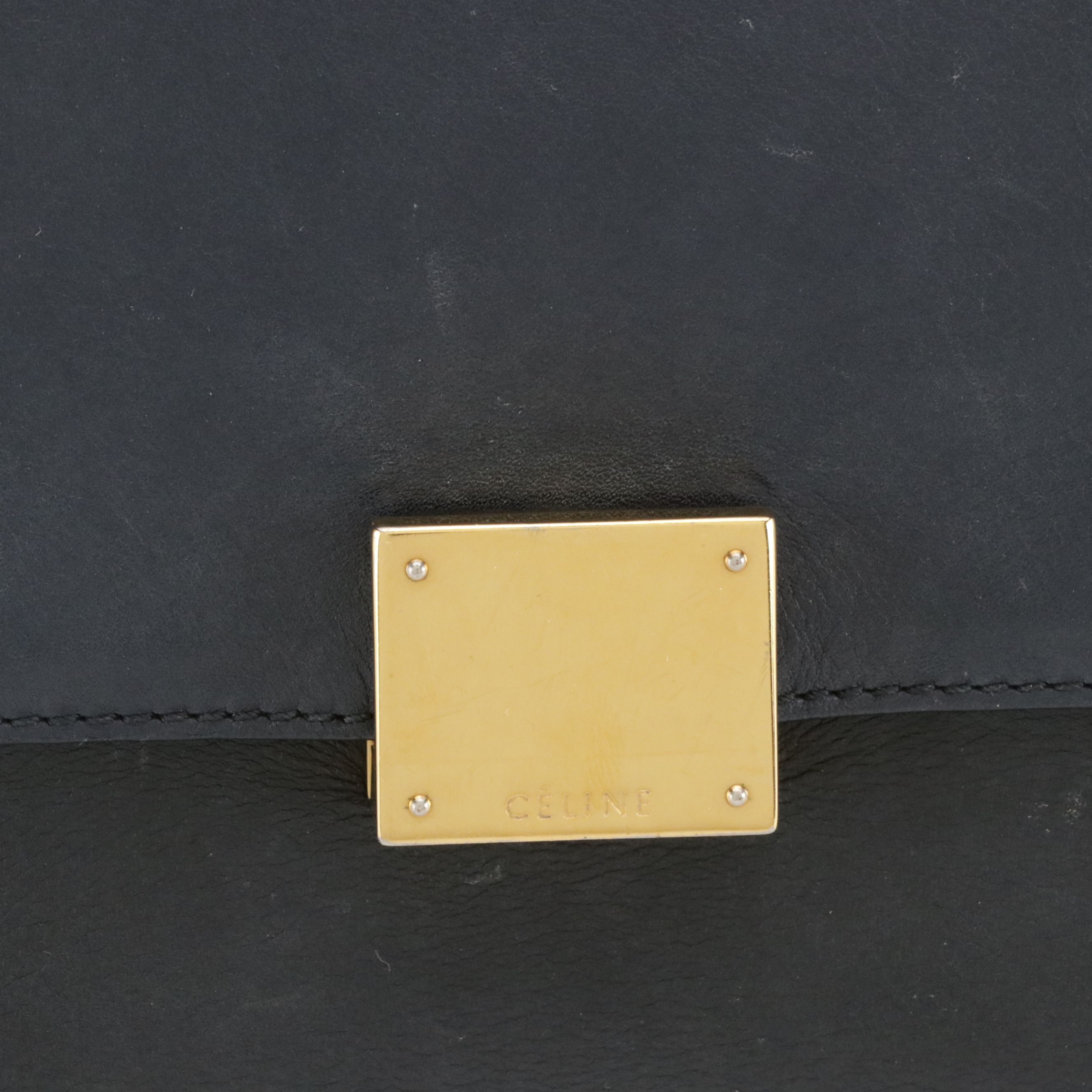 Céline Medium Trapeze Two-Way Bag in Navy Blue Calfskin Leather and Green Suede