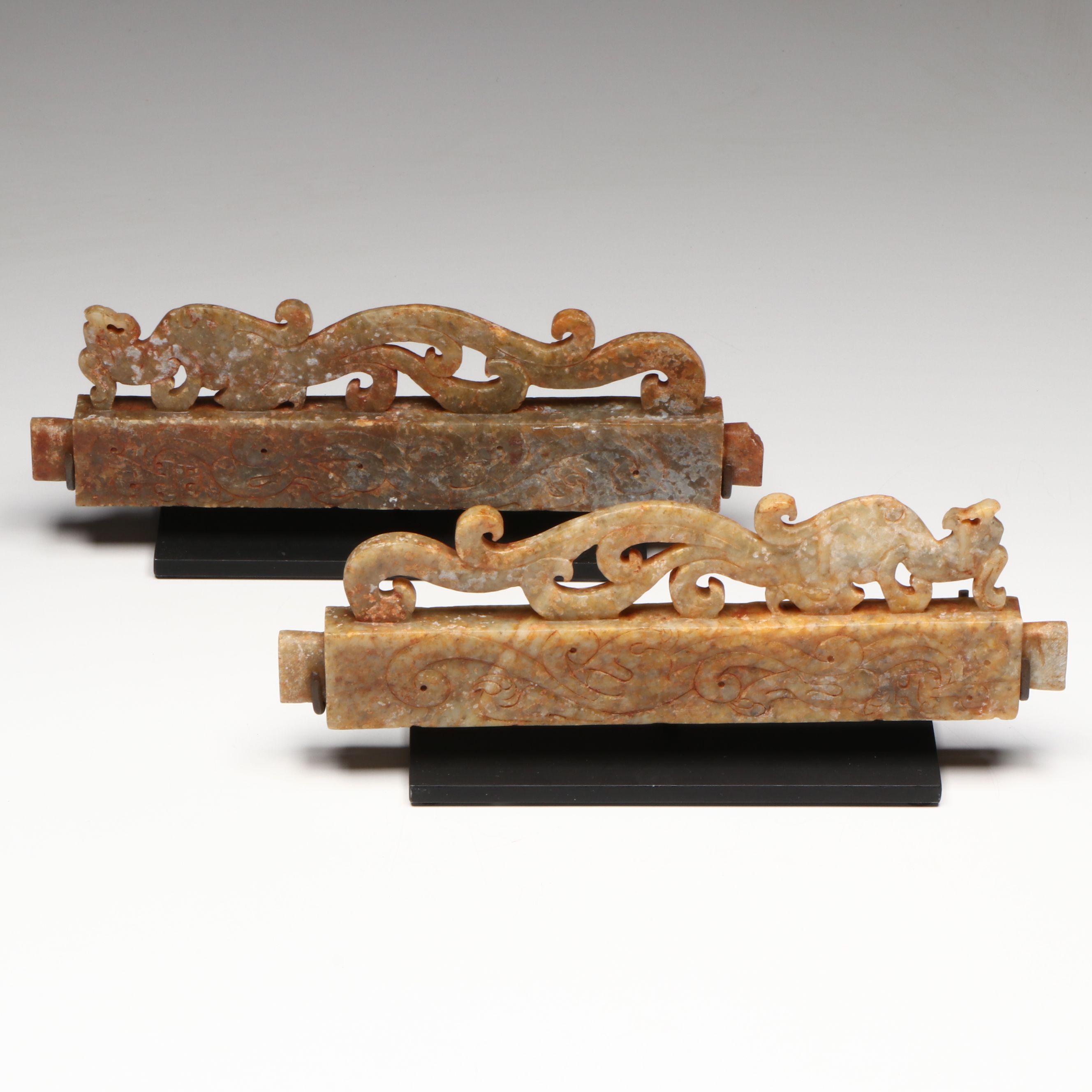 Pair of Chinese Archaistic Carved Nephrite Fittings (Rails) on Custom Stand