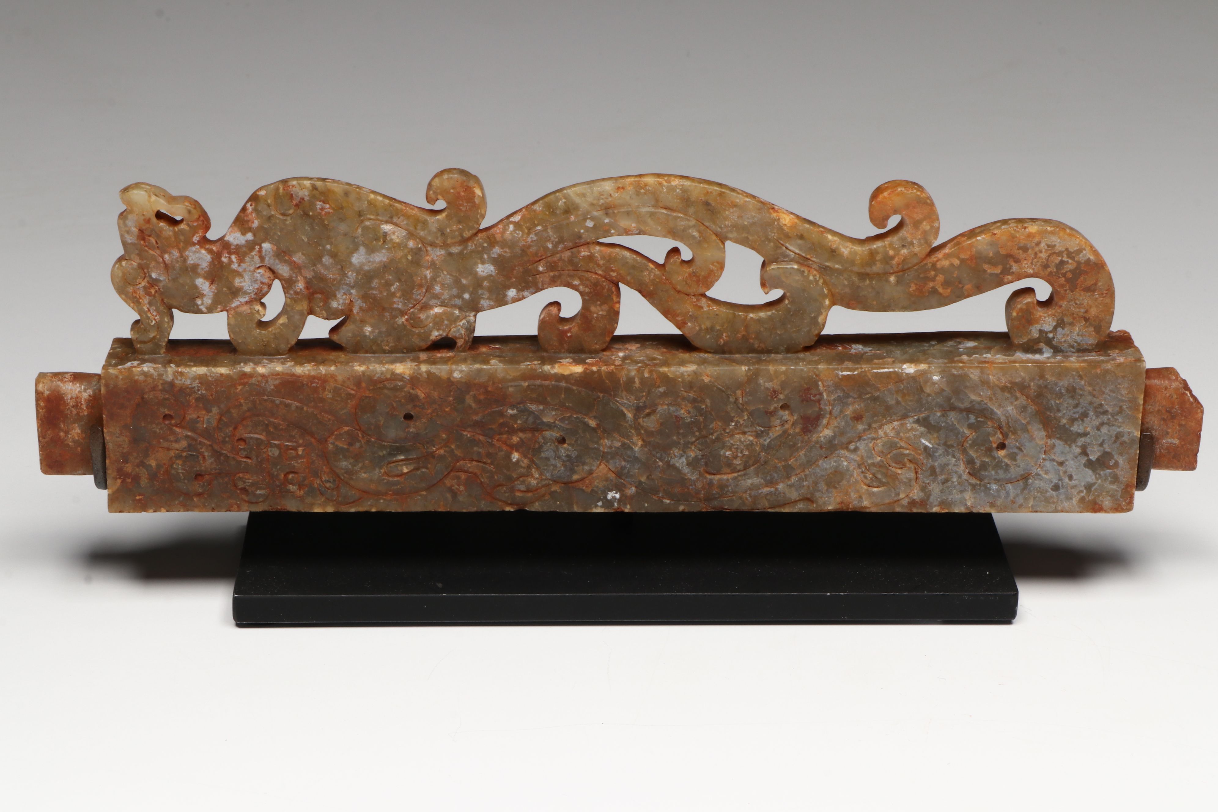 Pair of Chinese Archaistic Carved Nephrite Fittings (Rails) on Custom Stand