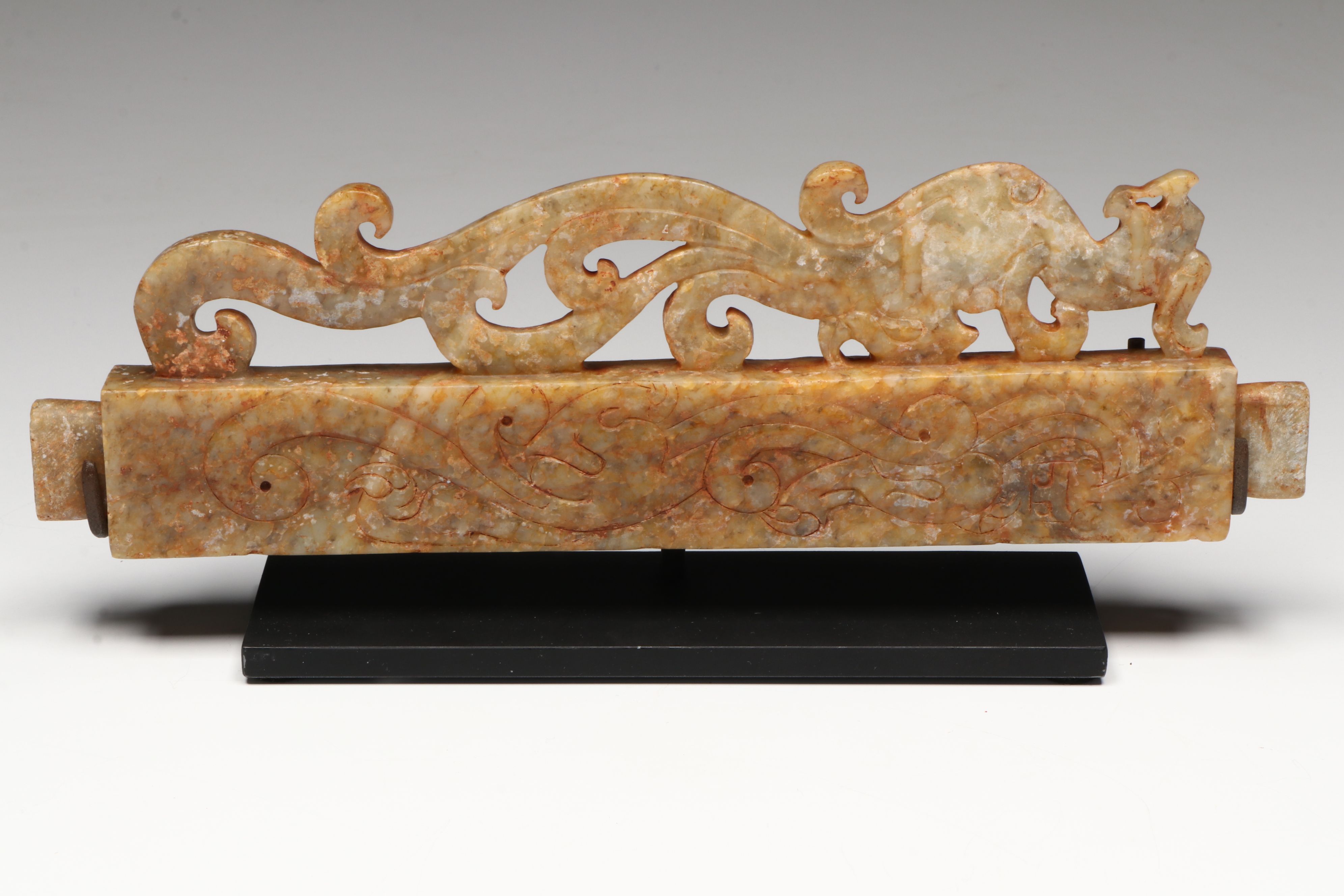 Pair of Chinese Archaistic Carved Nephrite Fittings (Rails) on Custom Stand